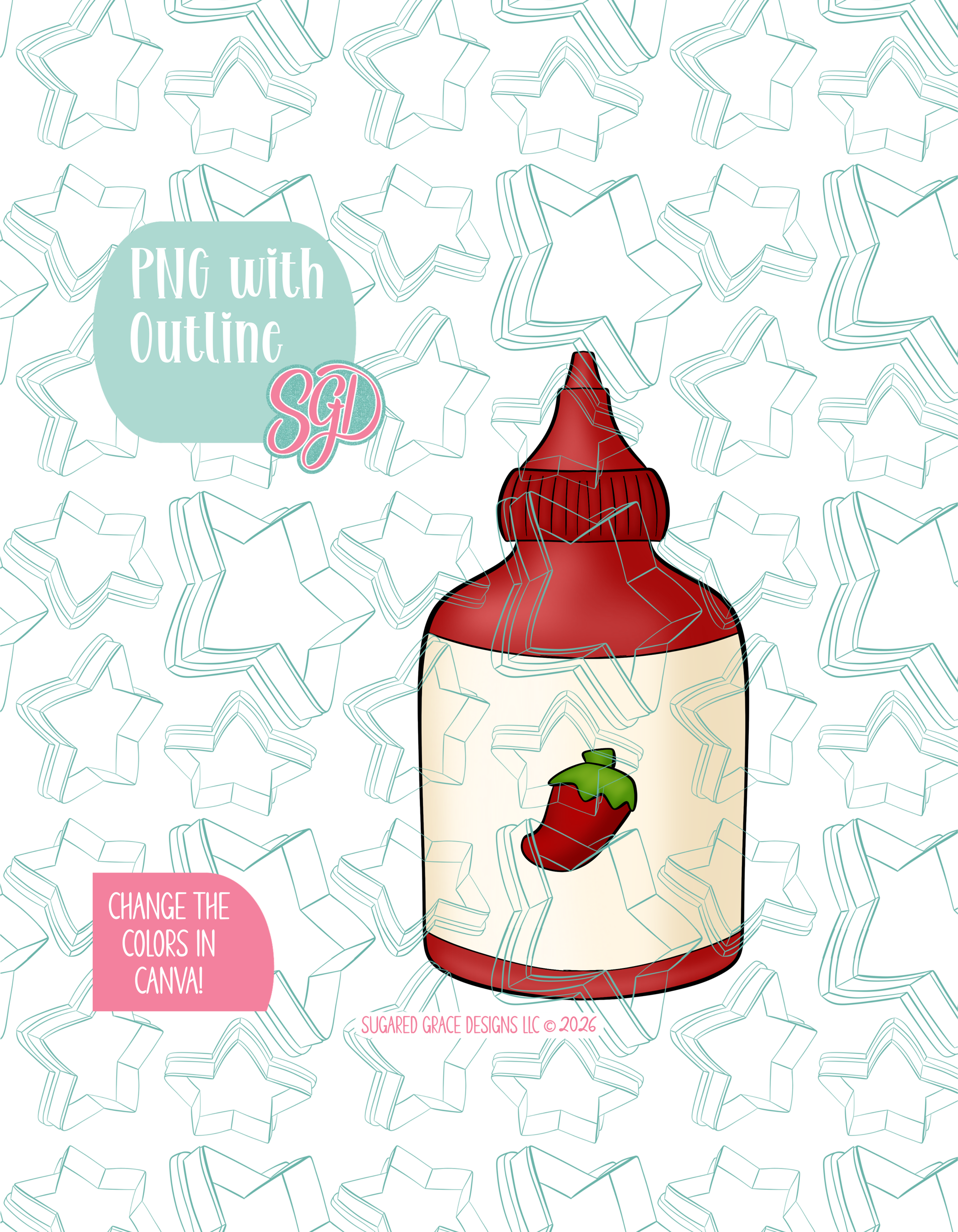 Full color illustrated Hot sauce bottle, shown with a black outline on a background watermarked with Sugared Grace Designs’ teal star pattern
