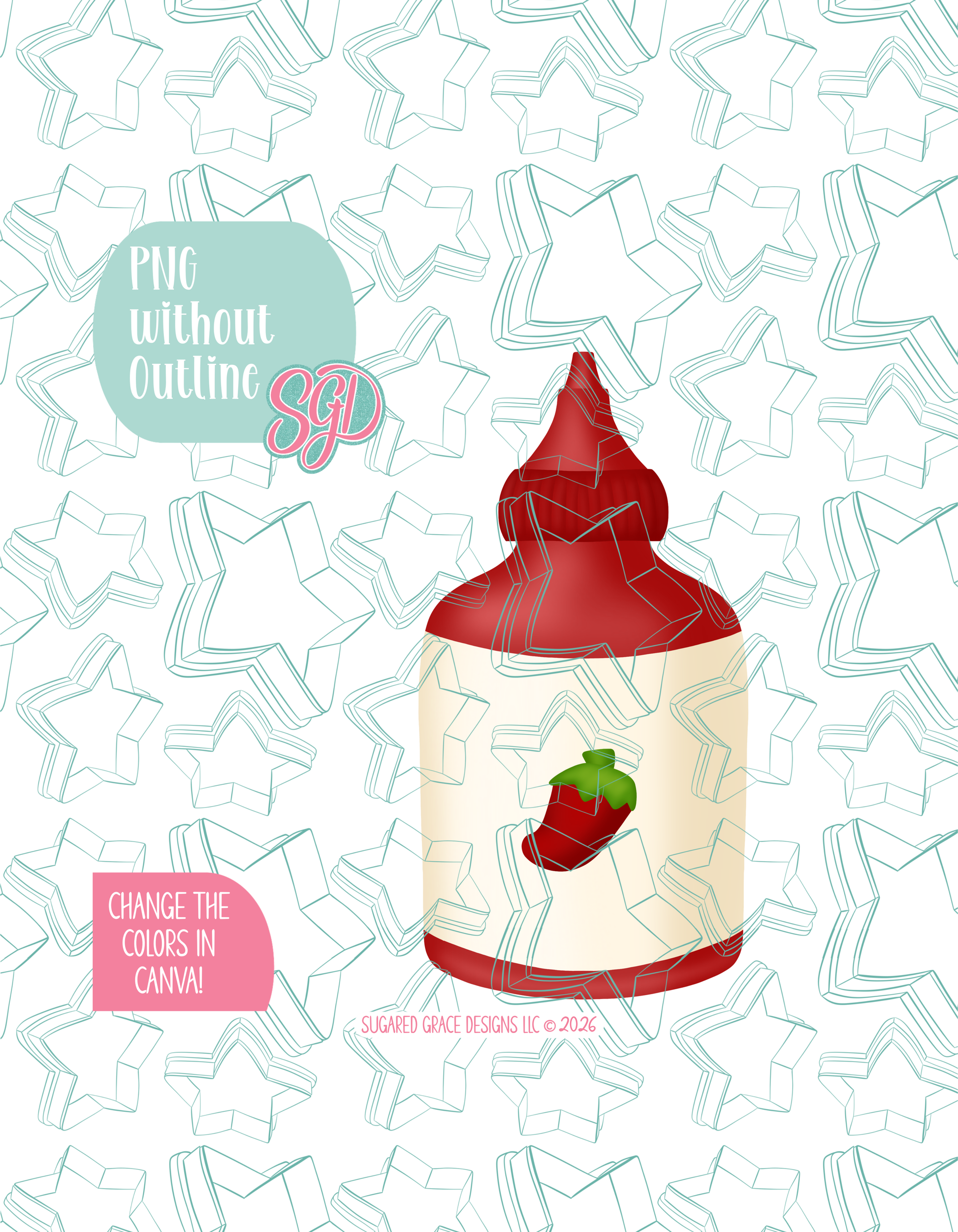 Full color version of the illustrated Hot sauce bottle, shown without black outlines on a background watermarked with Sugared Grace Designs’ tag star pattern
