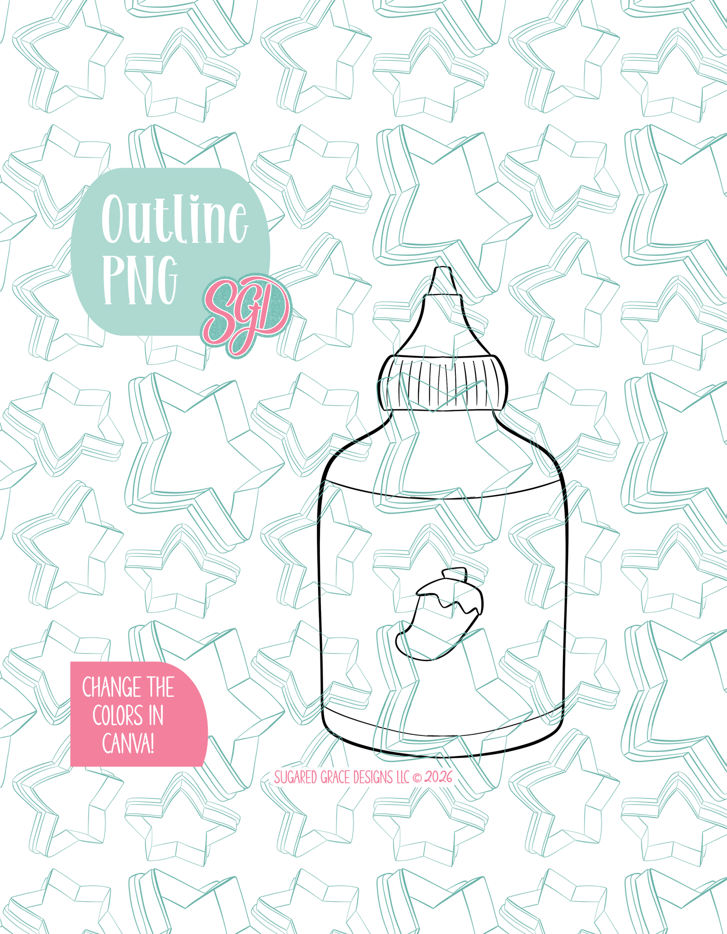 Black line outline drawing of the Hot sauce bottle displayed on a background watermarked with Sugared Grace Designs’ teal star pattern