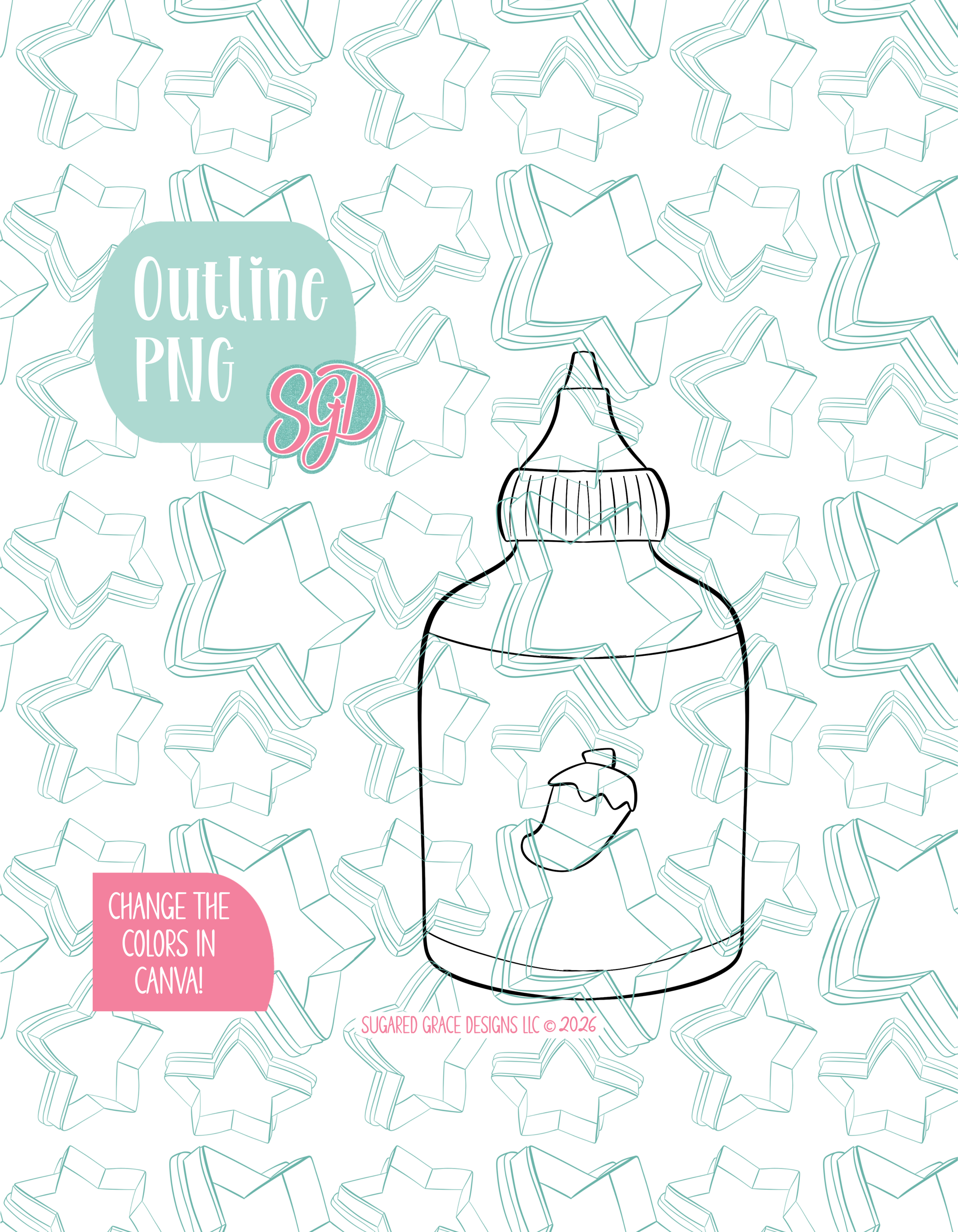 Black line outline drawing of the Hot sauce bottle displayed on a background watermarked with Sugared Grace Designs’ teal star pattern