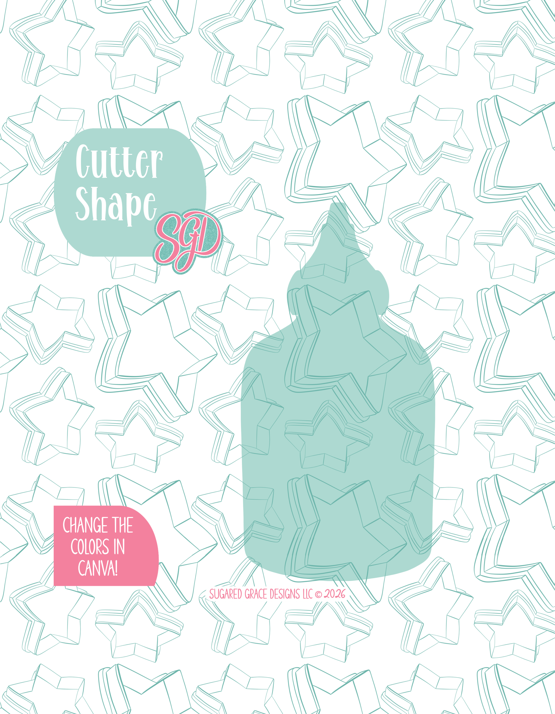 Solid teal silhouette showing the exact outer shape of the Hot sauce bottle cookie cutter, displayed on a background watermarked with Sugared Grace Design’s teal star pattern
