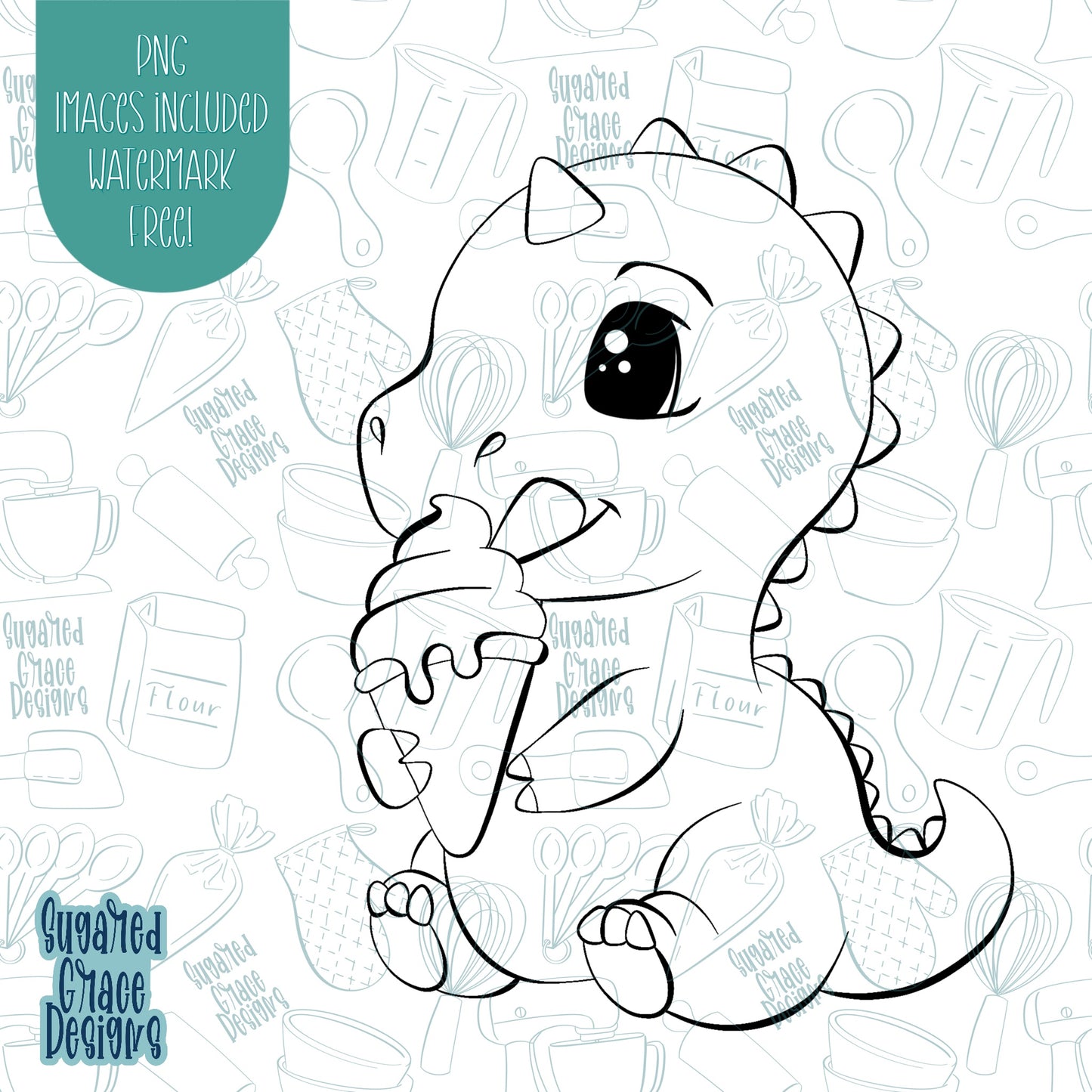 Pool Party Dinosaur with Ice Cream Cookie Cutter with Matching PNG Images for Edible Ink Printers Including Eddie