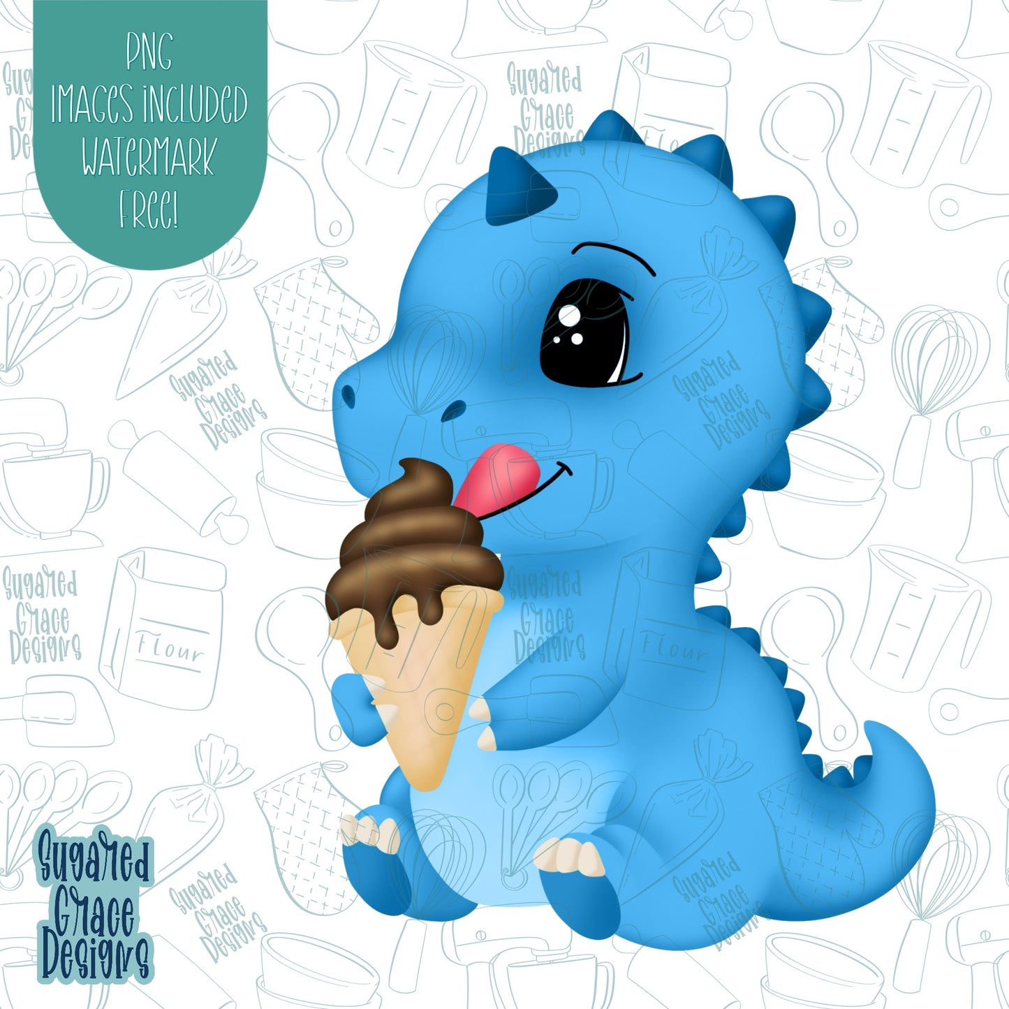 Pool Party Dinosaur with Ice Cream Cookie Cutter with Matching PNG Images for Edible Ink Printers Including Eddie