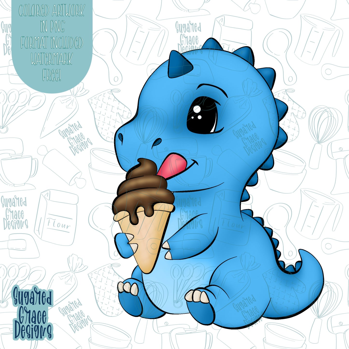 Pool Party Dinosaur with Ice Cream Cookie Cutter STL Files for 3D Printing with Matching Printable PNG Images for Edible Ink Printers Including Eddie