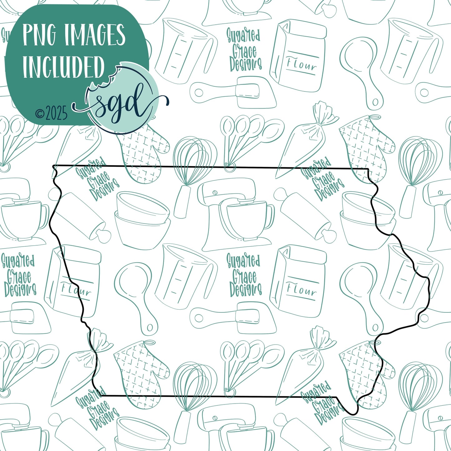 Iowa State Cookie Cutter with PNG Images to Match - Hand Drawn Graphics for Edible Ink Printers - United States Shape