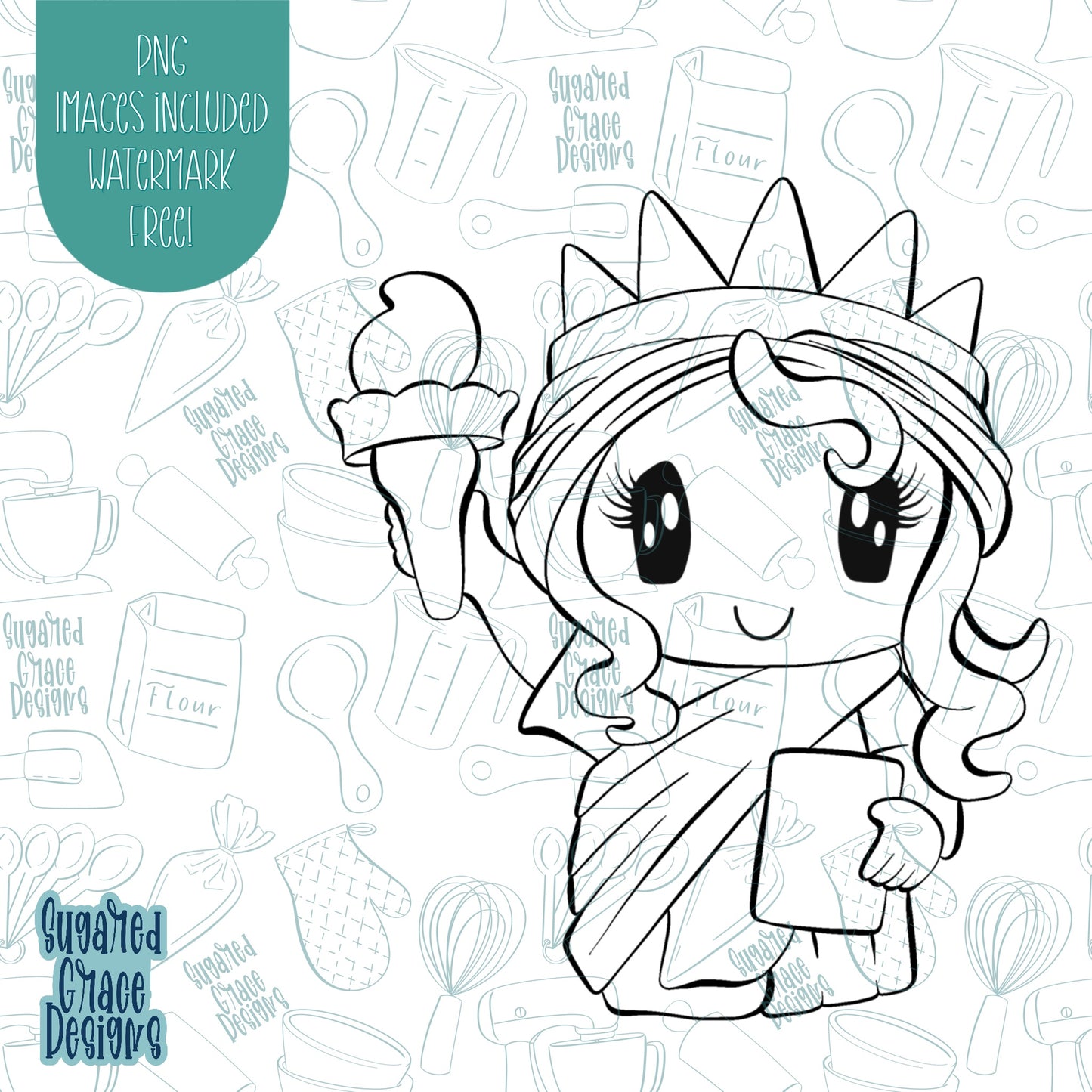 4th of July Lady Liberty Cookie Cutter with Matching Printable PNG Images for Edible Ink Printers Including Eddie