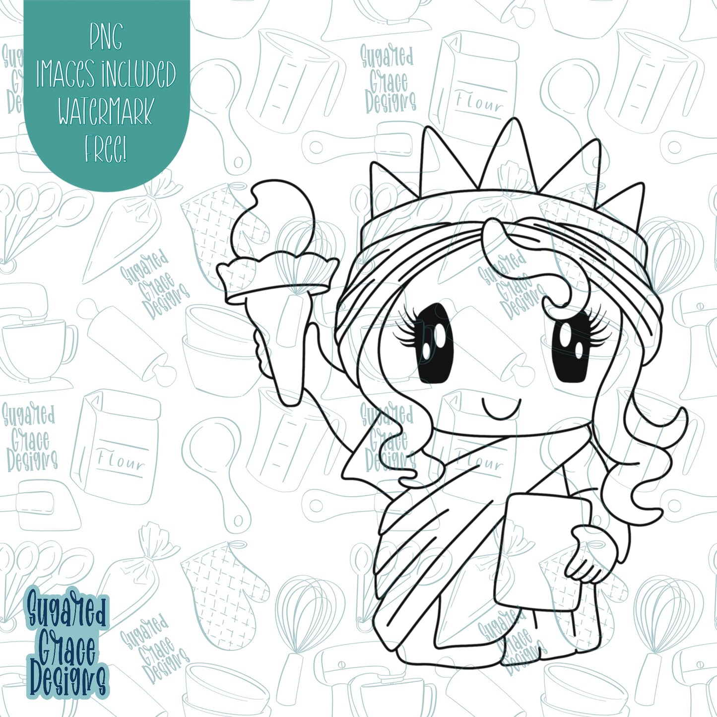 4th of July Lady Liberty Cookie Cutter with Matching Printable PNG Images for Edible Ink Printers Including Eddie