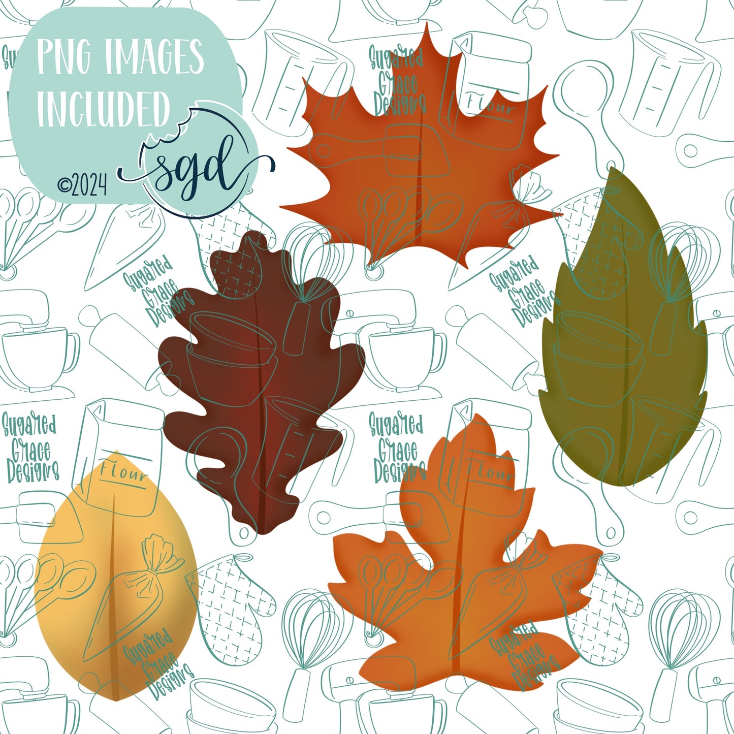 Autumn Leaves Cookie Cutter STL File Set of 5 with PNG Images to Match - For 3D Printing and Edible Ink Printers