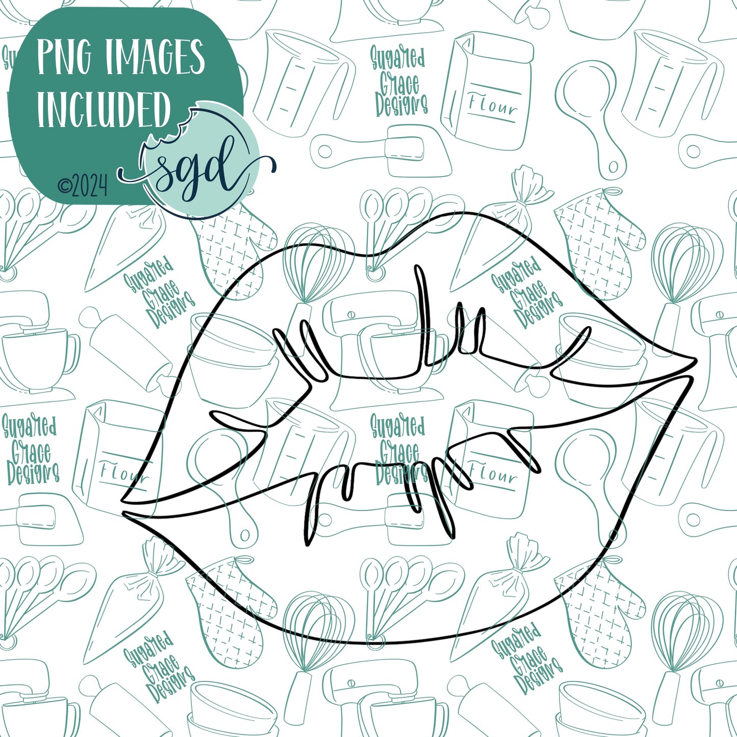 Sexy Lips or Kiss Cookie Cutter with PNG Images to Match - Hand Drawn Graphics for Edible Ink Printers
