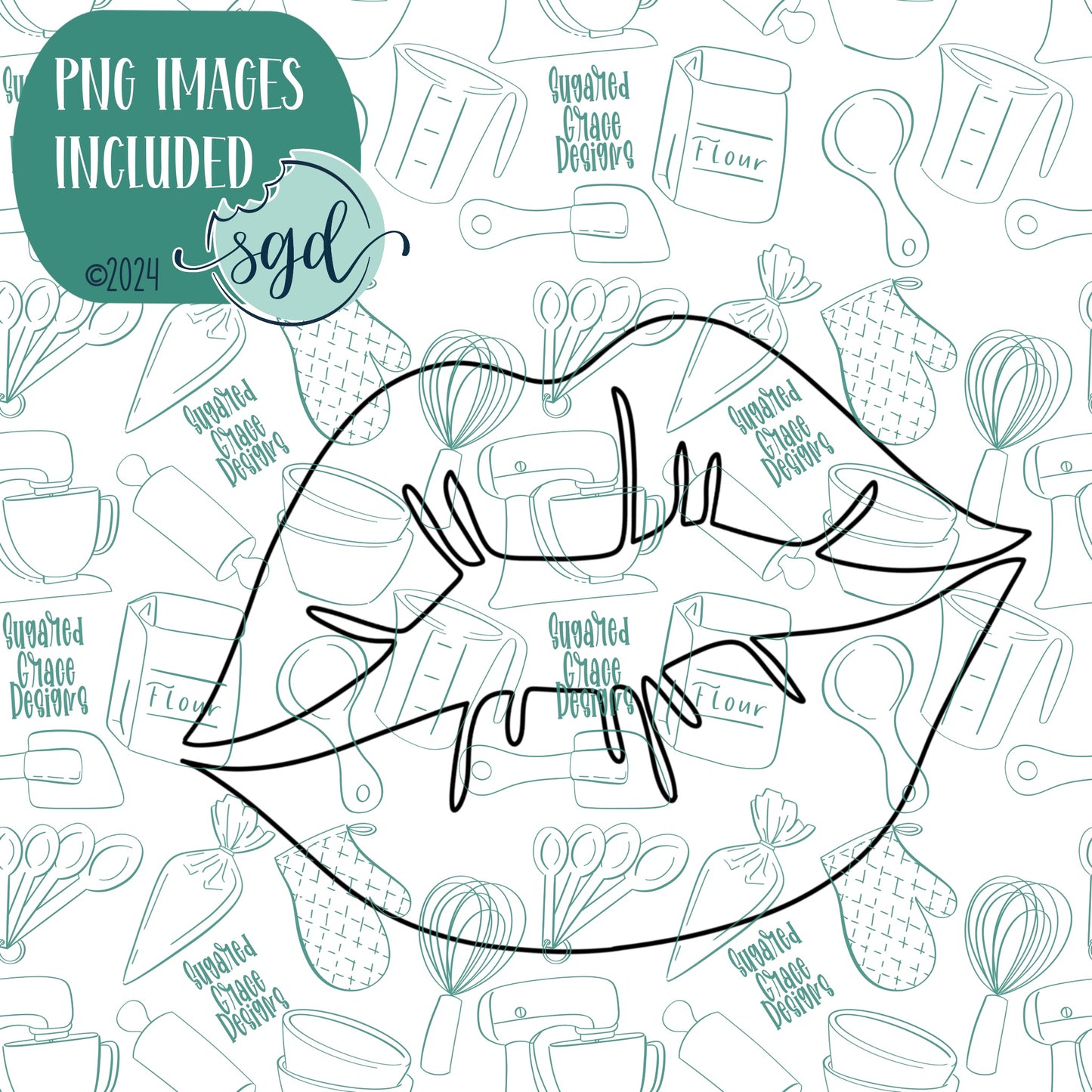 Sexy Lips or Kiss Cookie Cutter with PNG Images to Match - Hand Drawn Graphics for Edible Ink Printers