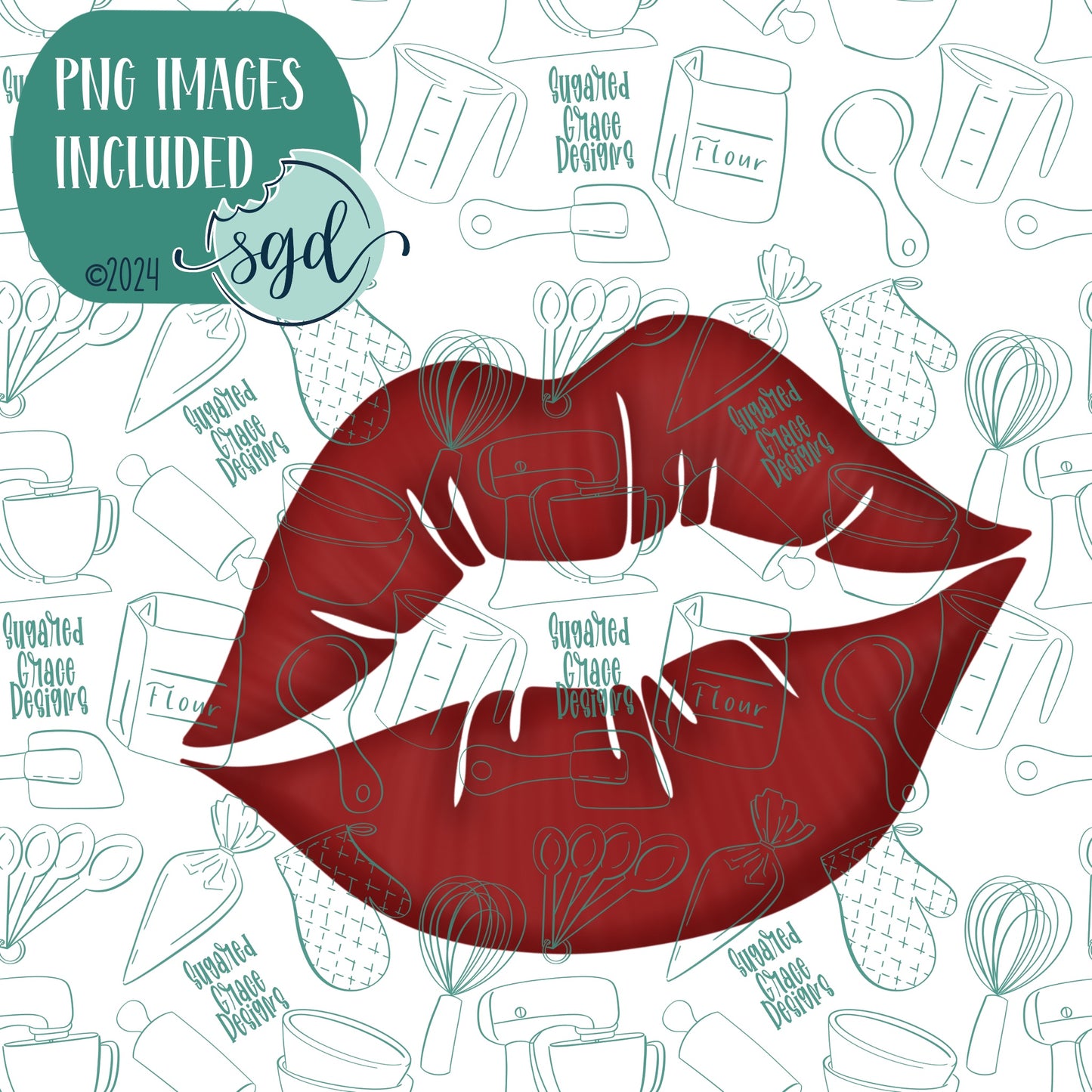 Sexy Lips or Kiss Cookie Cutter with PNG Images to Match - Hand Drawn Graphics for Edible Ink Printers