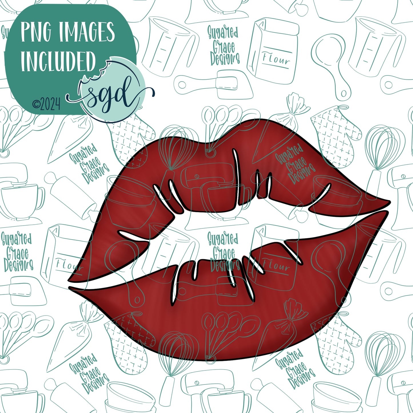 Sexy Lips or Kiss Cookie Cutter with PNG Images to Match - Hand Drawn Graphics for Edible Ink Printers