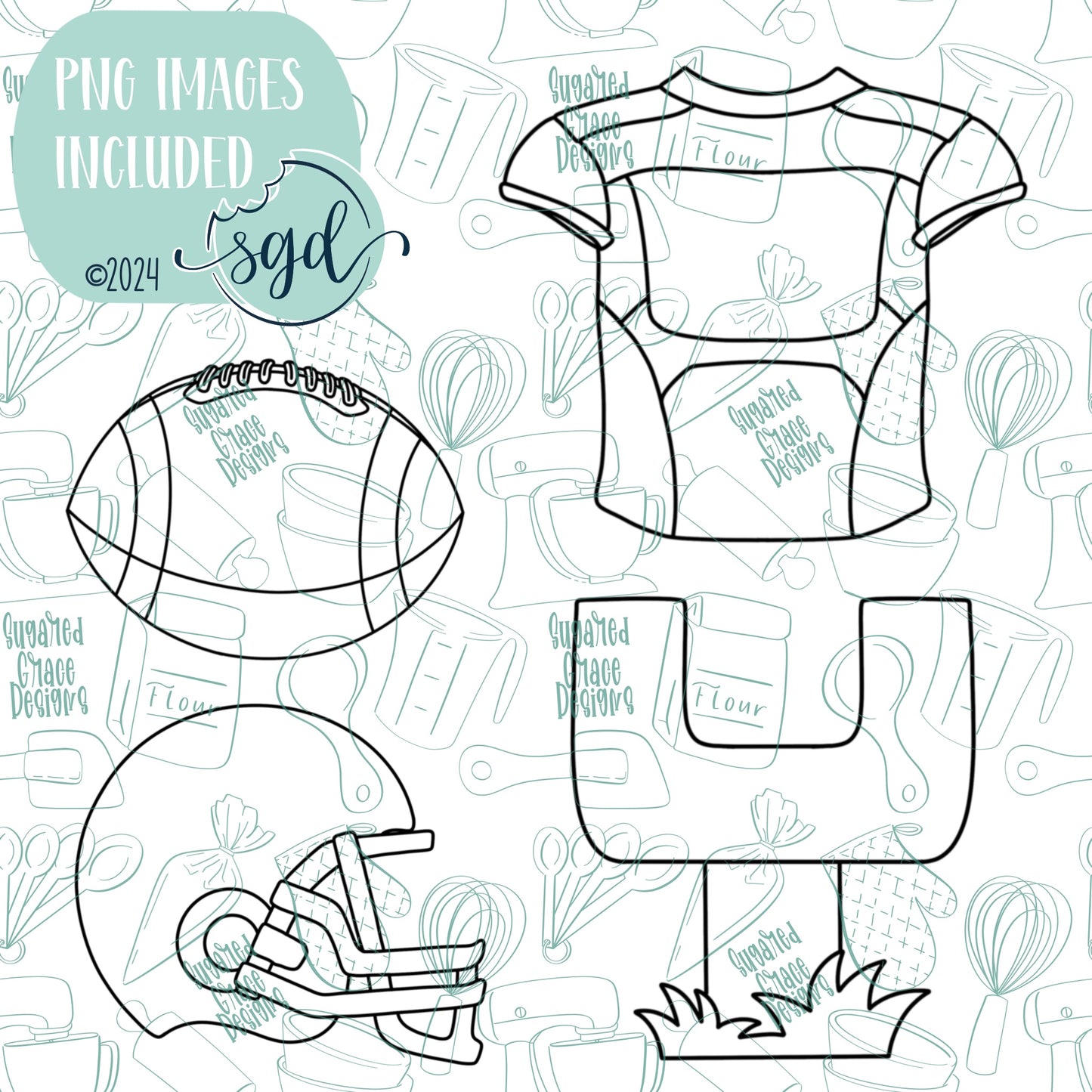 Football Cookie Cutter STL File Set of 4 with Matching Printable PNG Images for Edible Ink Printers Including Eddie