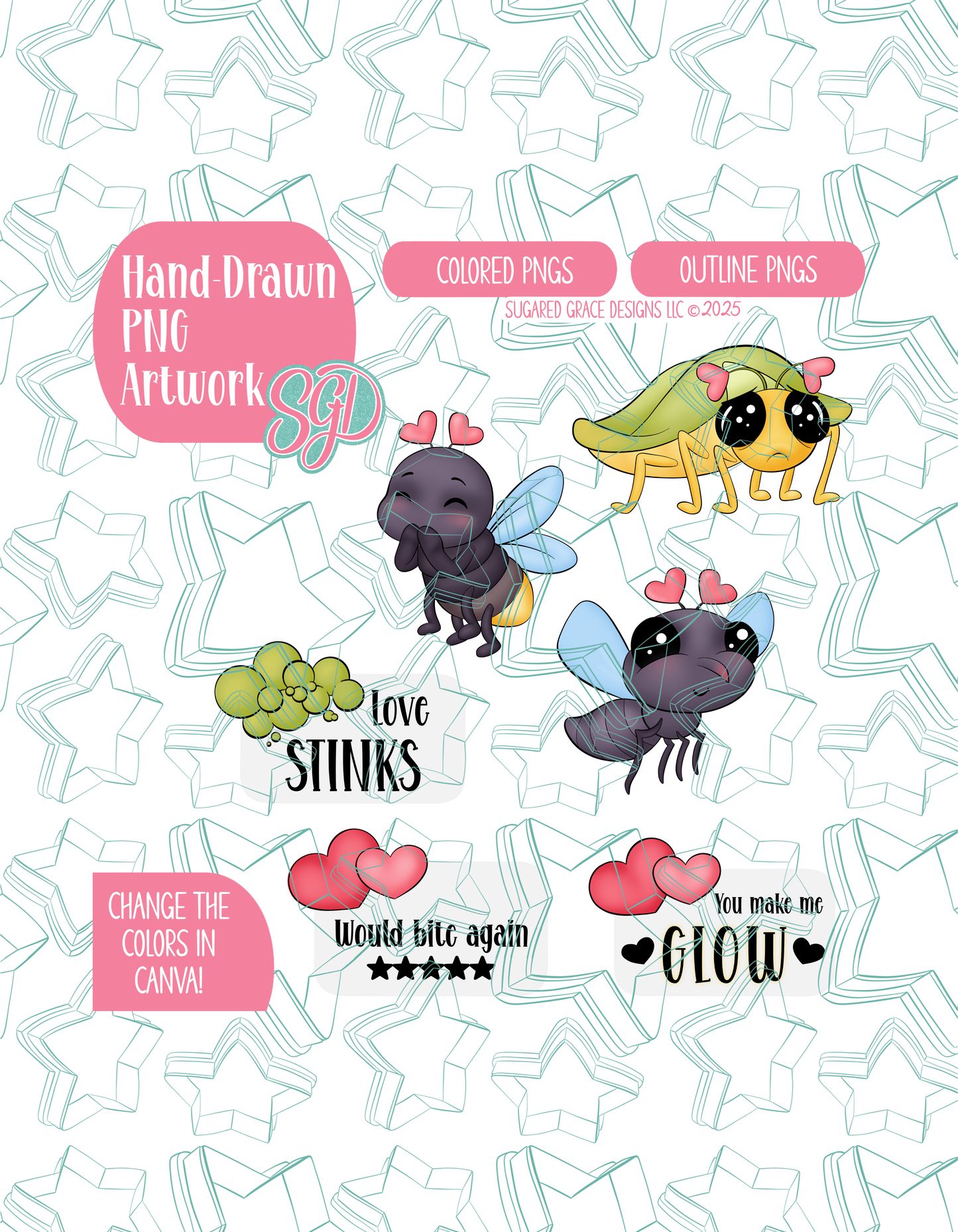 Love Bug Set of 6 Designs for Edible Ink Printers - Hand Drawn Editable Graphics (Digital Download)
