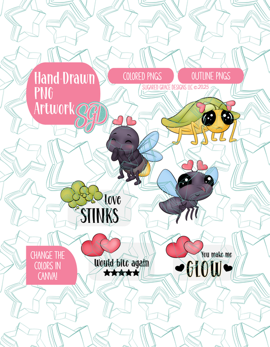 Love Bug Set of 6 Designs for Edible Ink Printers - Hand Drawn Editable Graphics (Digital Download)