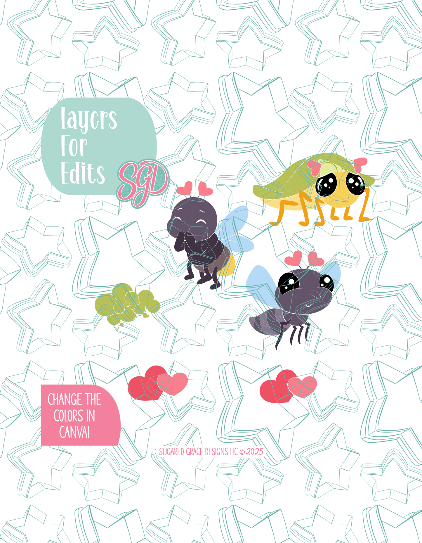 Editable Love Bugs Cookie Cutter STL and PNG Set with 4 Designs (Digital Download) - 1/26 Festive Four