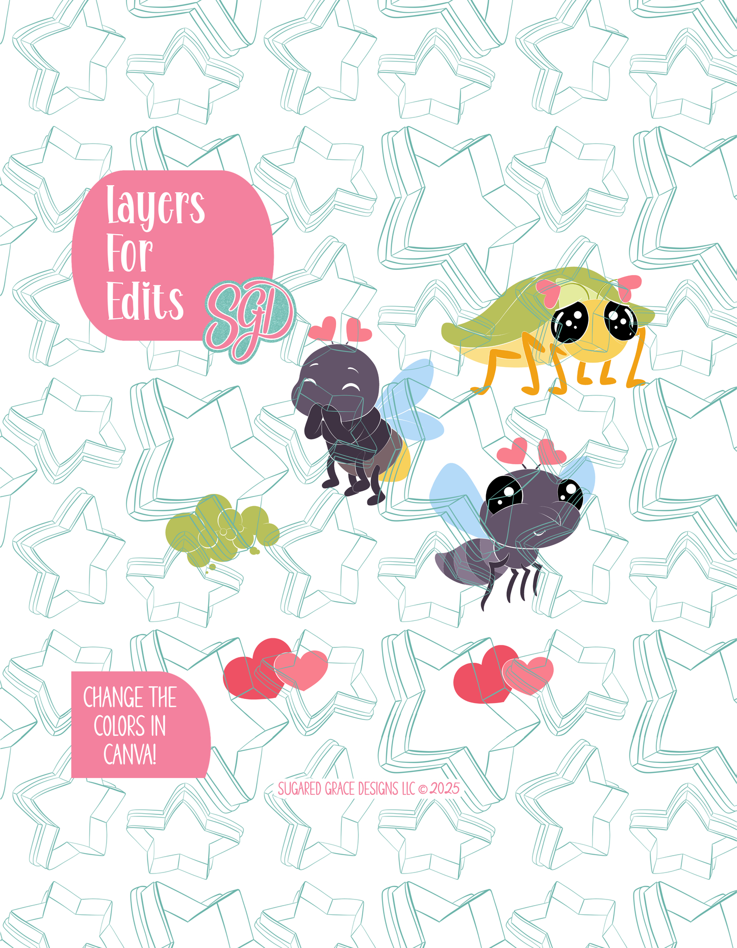 Love Bug Set of 6 Designs for Edible Ink Printers - Hand Drawn Editable Graphics (Digital Download)