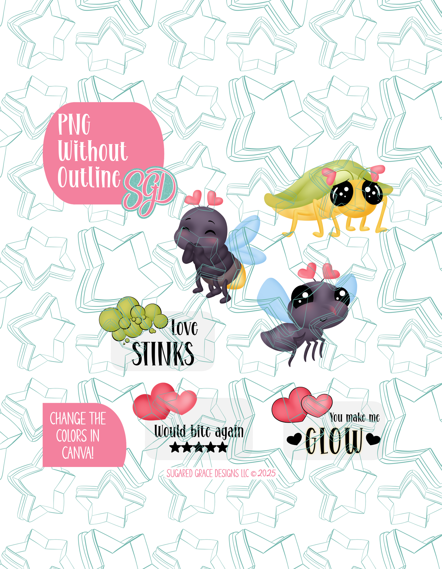 Love Bug Set of 6 Designs for Edible Ink Printers - Hand Drawn Editable Graphics (Digital Download)