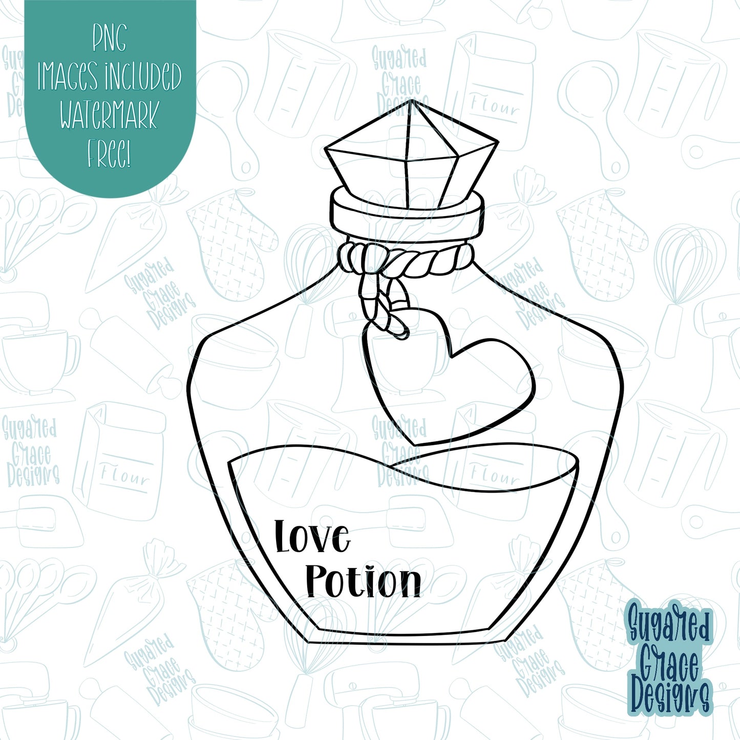 Love Potion Cookie cutter With PNG Images for Edible Ink Printing Including Eddie.