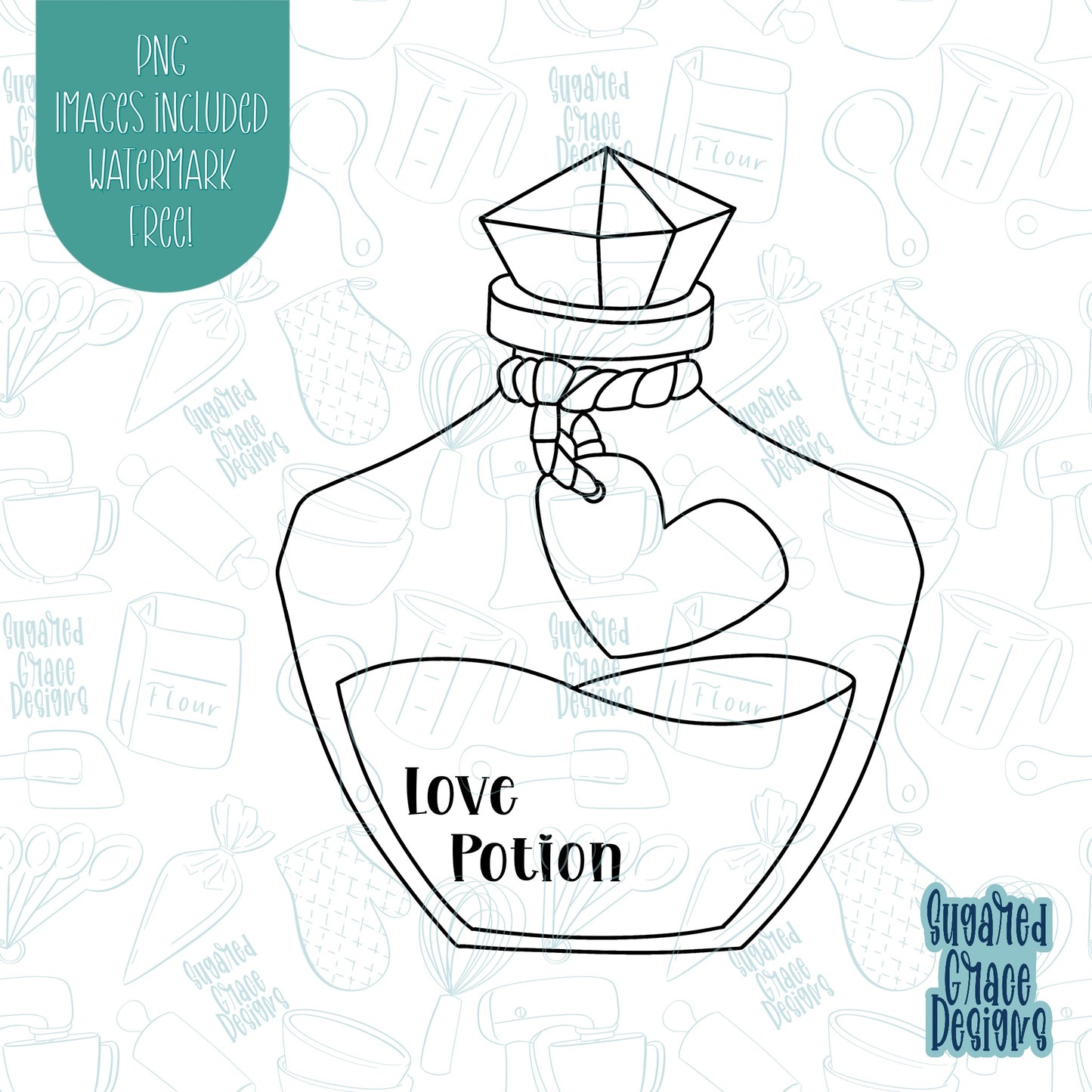 Love Potion Cookie cutter With PNG Images for Edible Ink Printing Including Eddie.