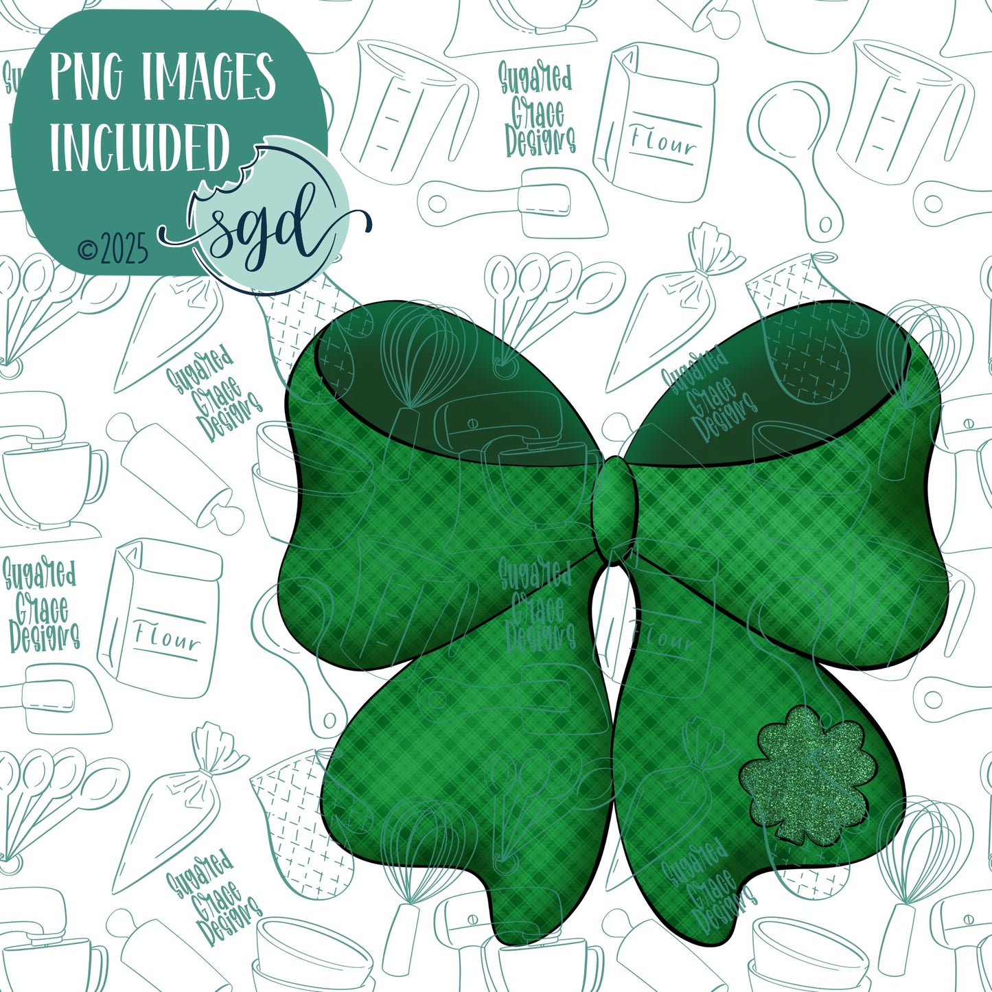 Green St Patrick's Day Bow Cookie Cutter with PNG Images to Match - Hand Drawn Graphics for Edible Ink Printers