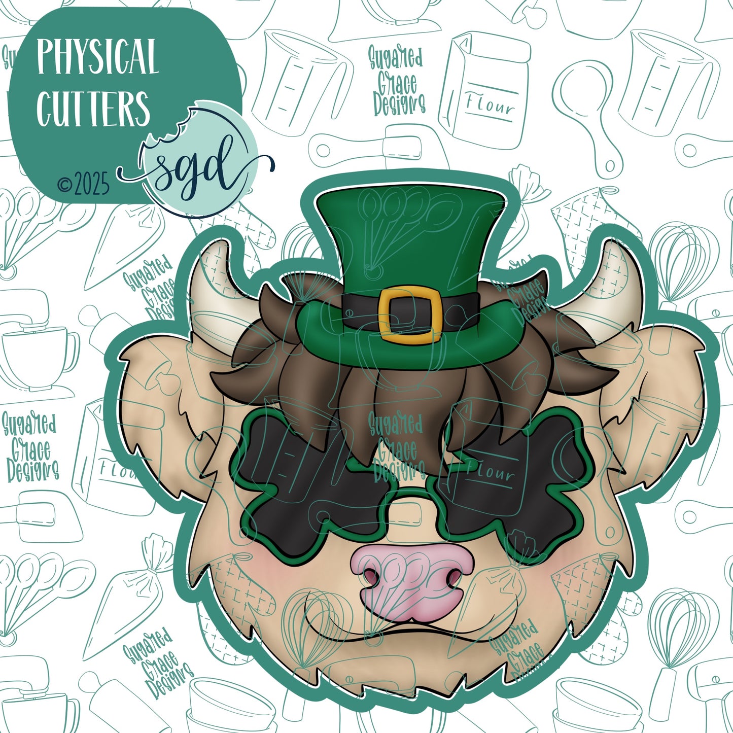St Patrick's Day Highland Cow Cookie Cutter with PNG Images to Match - Hand Drawn Graphics for Edible Ink Printers