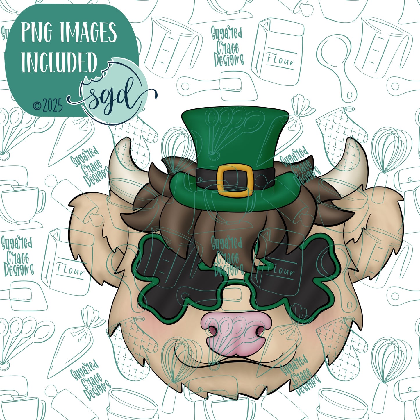 St Patrick's Day Highland Cow Cookie Cutter with PNG Images to Match - Hand Drawn Graphics for Edible Ink Printers