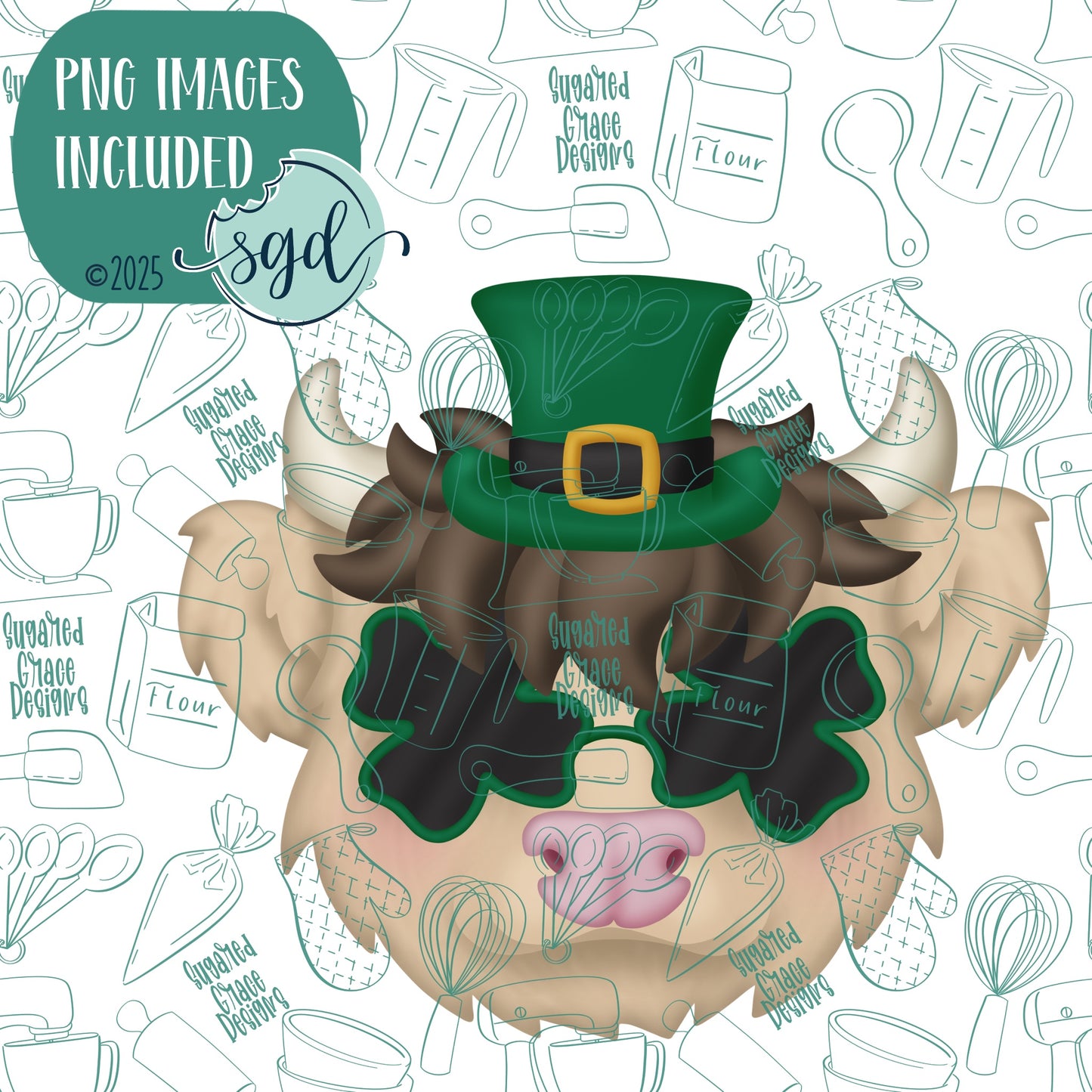 St Patrick's Day Highland Cow Cookie Cutter with PNG Images to Match - Hand Drawn Graphics for Edible Ink Printers