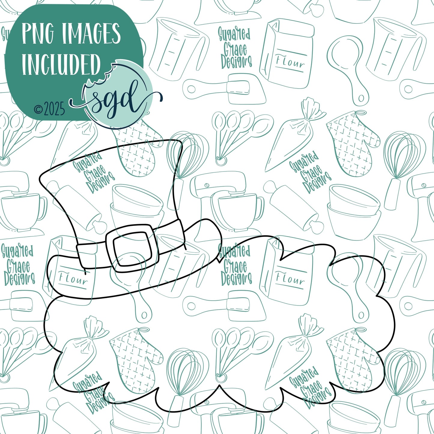 Leprechaun Hat Lacey Plaque Cookie Cutter for St Patrick's Day with PNG Images to Match - Hand Drawn Graphics for Edible Ink Printers