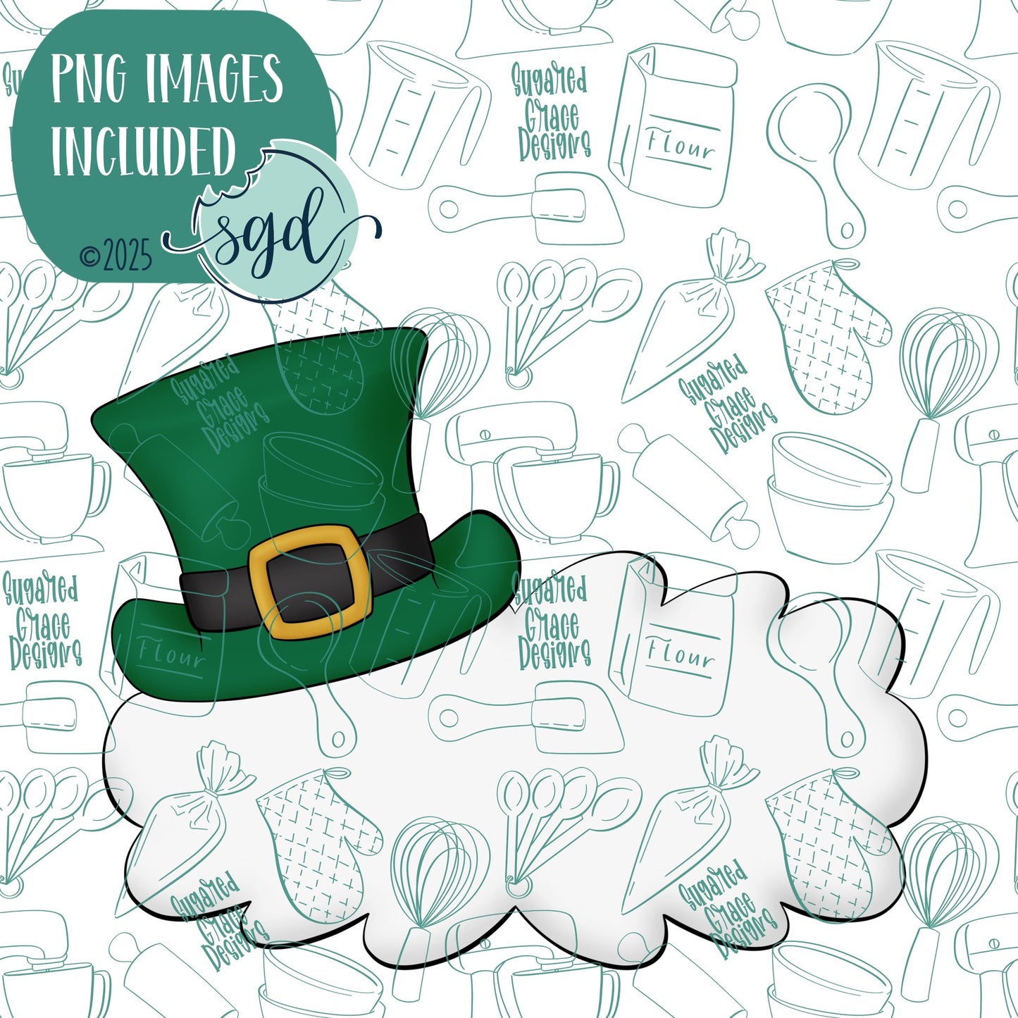 Leprechaun Hat Lacey Plaque Cookie Cutter for St Patrick's Day with PNG Images to Match - Hand Drawn Graphics for Edible Ink Printers