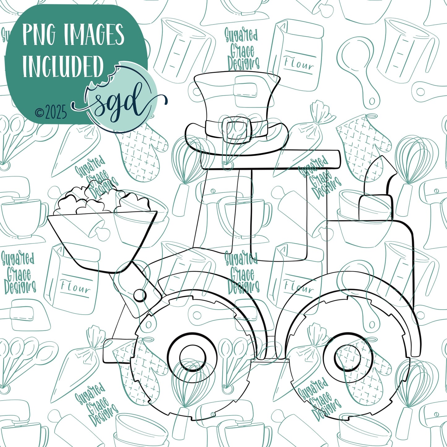 Loads of Luck Loader or Excavator Cookie Cutter for St Patrick's Day with PNG Images to Match - Hand Drawn Graphics for Edible Ink Printers