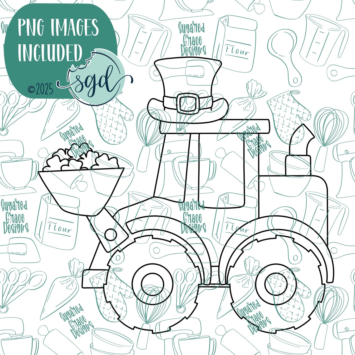Loads of Luck Loader or Excavator Cookie Cutter for St Patrick's Day with PNG Images to Match - Hand Drawn Graphics for Edible Ink Printers