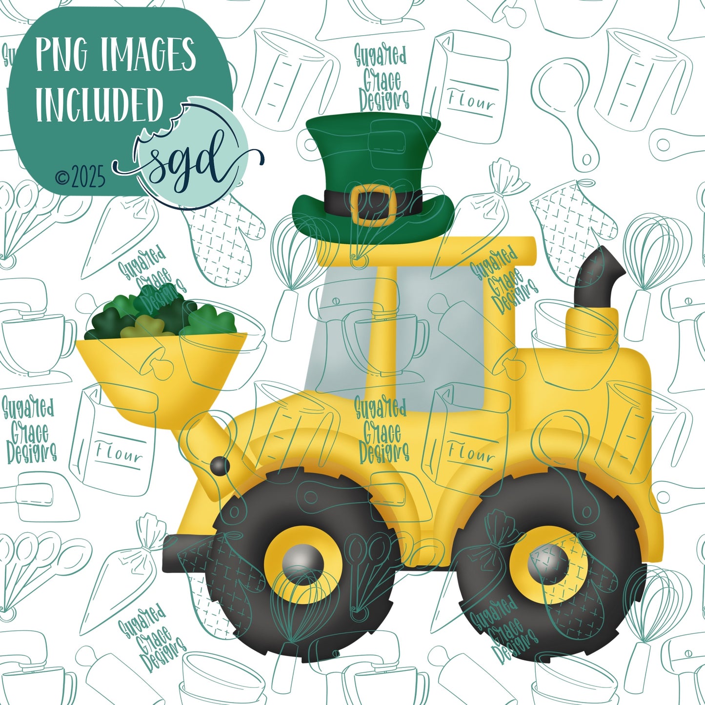 Loads of Luck Loader or Excavator Cookie Cutter for St Patrick's Day with PNG Images to Match - Hand Drawn Graphics for Edible Ink Printers