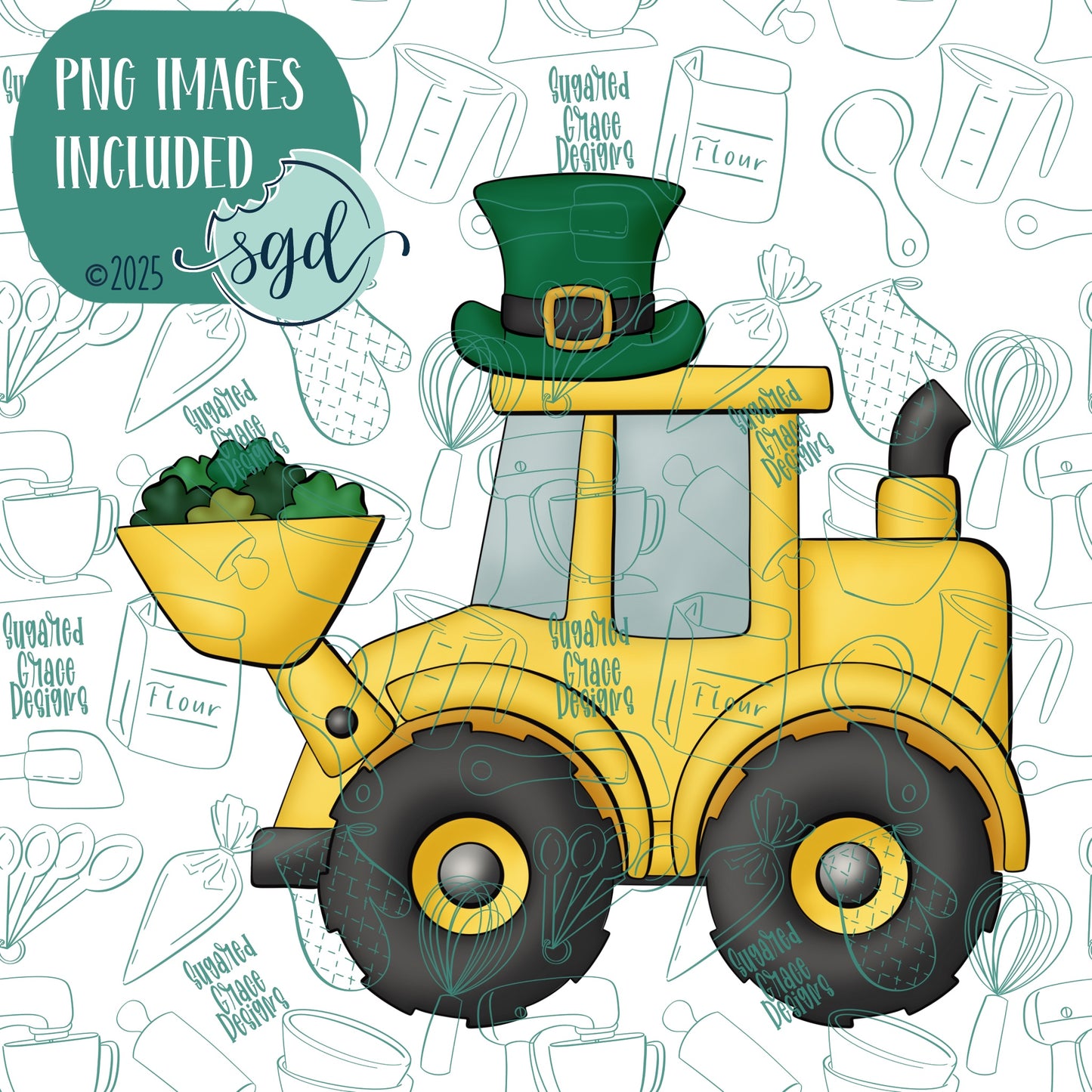 Loads of Luck Loader or Excavator Cookie Cutter for St Patrick's Day with PNG Images to Match - Hand Drawn Graphics for Edible Ink Printers