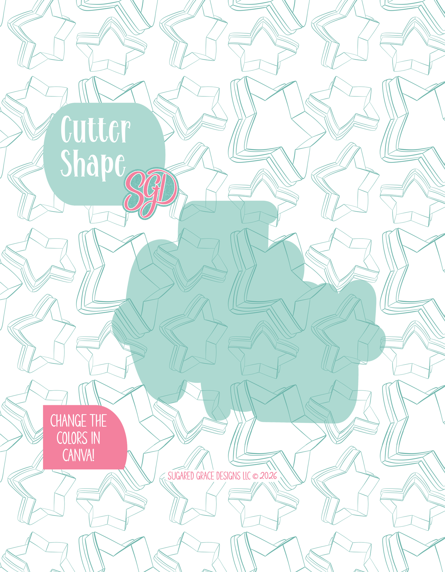 Solid teal silhouette showing the exact outer shape of the Let Freedom Ring Plaque cookie cutter, displayed on a background watermarked with Sugared Grace Design’s teal star pattern