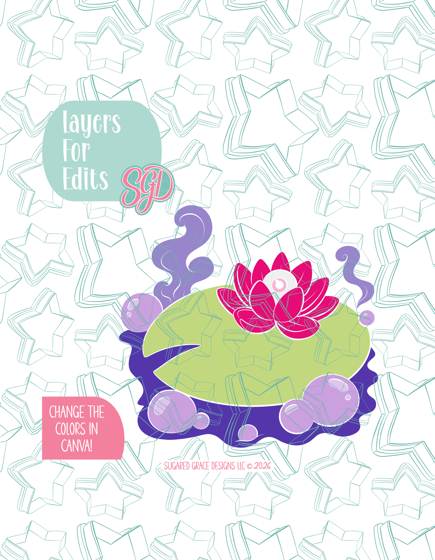Colored layer breakdown of the Lilly Pad Potion showing each section in a different color, with every color representing a separate editable layer in Canva. Displayed on a background watermarked with Sugared Grace Designs’ teal star pattern