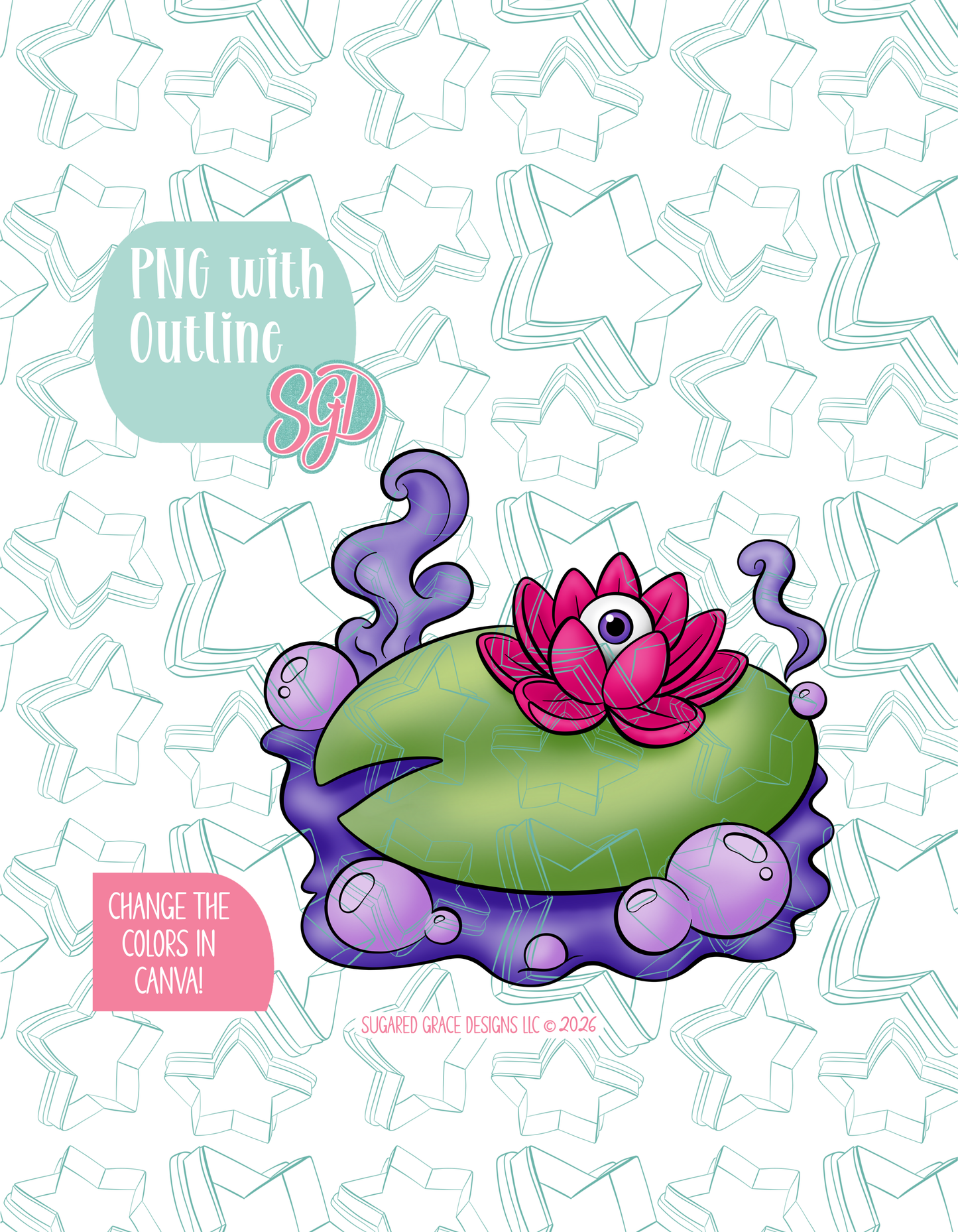Full color illustrated Lilly Pad Potion, shown with a black outline on a background watermarked with Sugared Grace Designs’ teal star pattern
