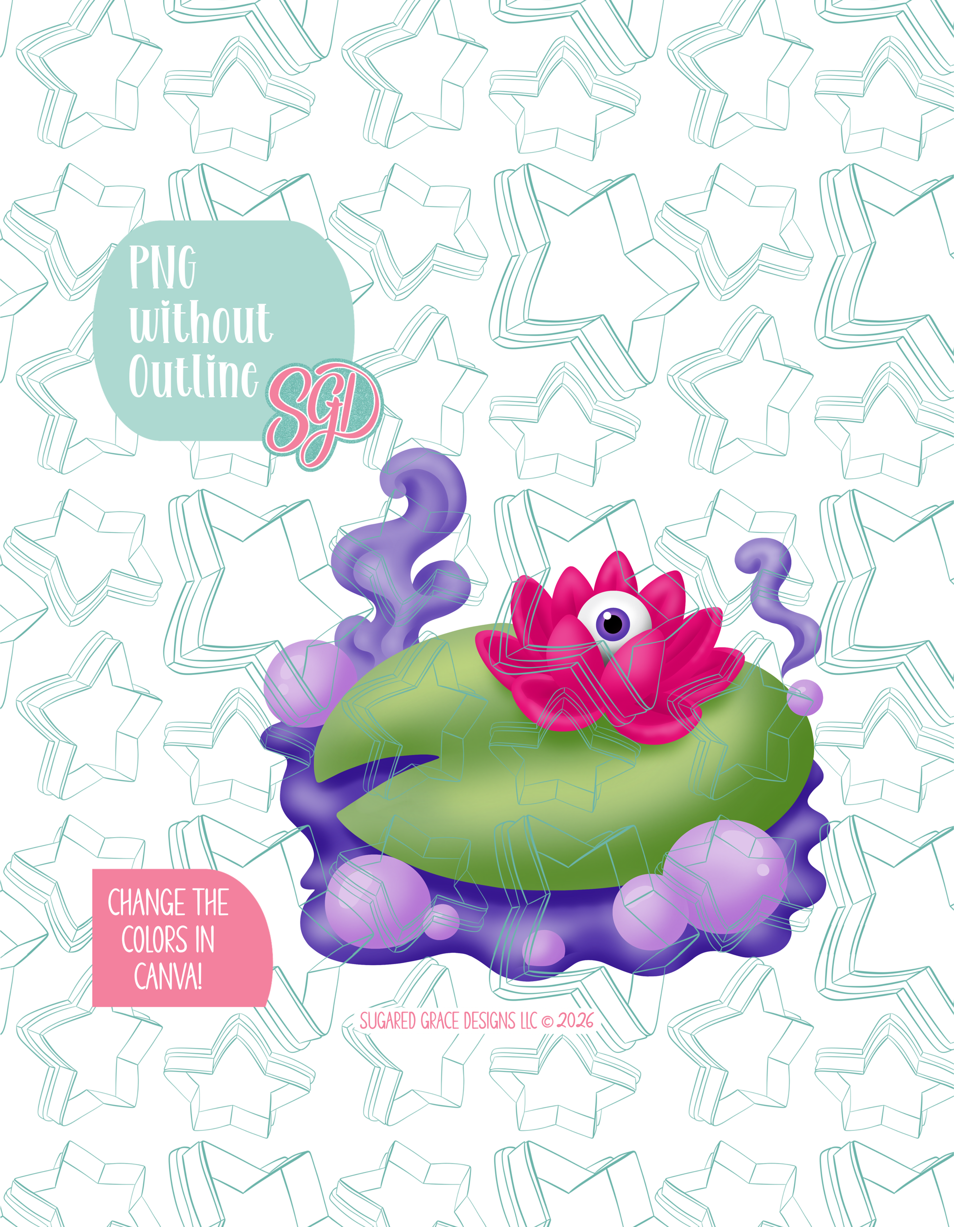 Full color version of the illustrated Lilly Pad Potion, shown without black outlines on a background watermarked with Sugared Grace Designs’ tag star pattern