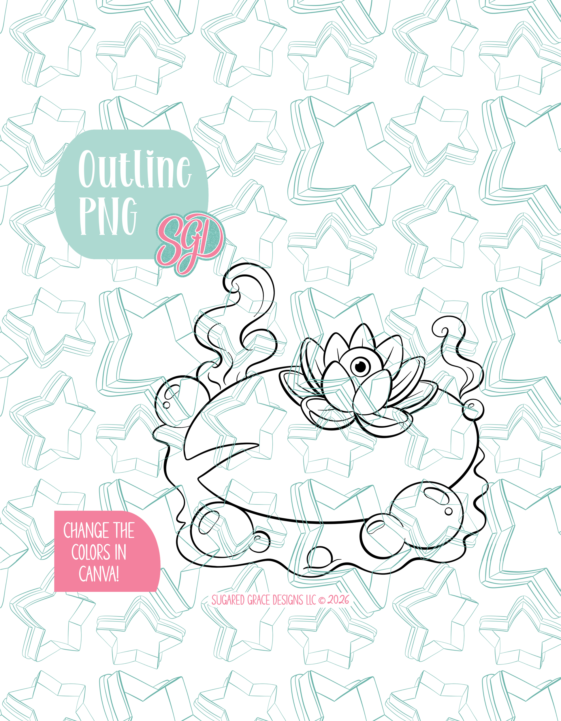 Black line outline drawing of the Lilly Pad Potion displayed on a background watermarked with Sugared Grace Designs’ teal star pattern