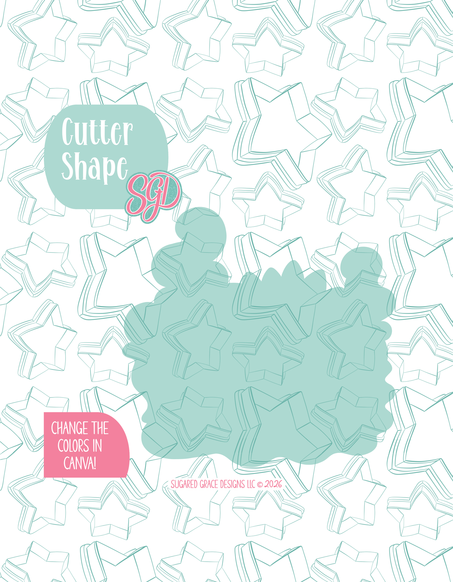 Solid teal silhouette showing the exact outer shape of the Lilly Pad Potion cookie cutter, displayed on a background watermarked with Sugared Grace Design’s teal star pattern