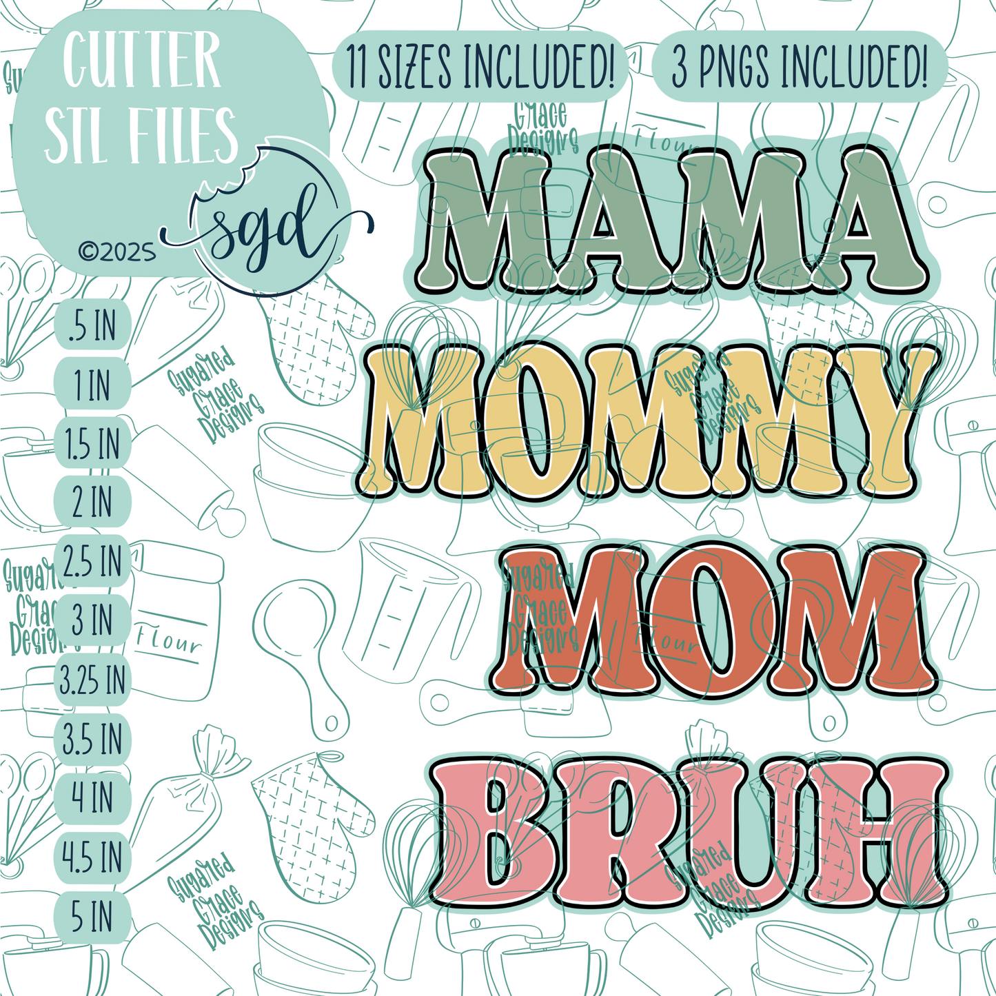 Mama to Bruh Stick Cookie Cutter STL File Set of 4 with PNG Images to Match - For 3D Printing and Edible Ink Printers