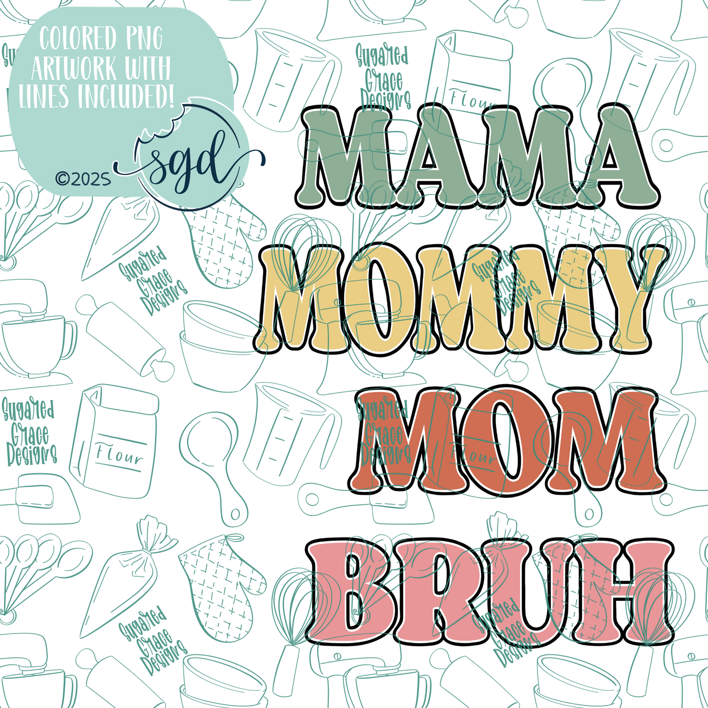 Mama to Bruh Stick Cookie Cutter STL File Set of 4 with PNG Images to Match - For 3D Printing and Edible Ink Printers