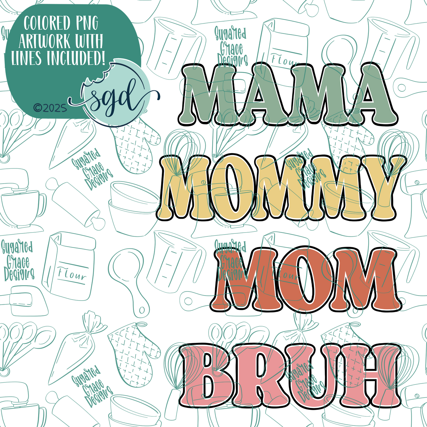 Mom to Bruh Cookie Cutter Set of 4 with PNG Images to Match - Hand Drawn Graphics for Edible Ink Printers