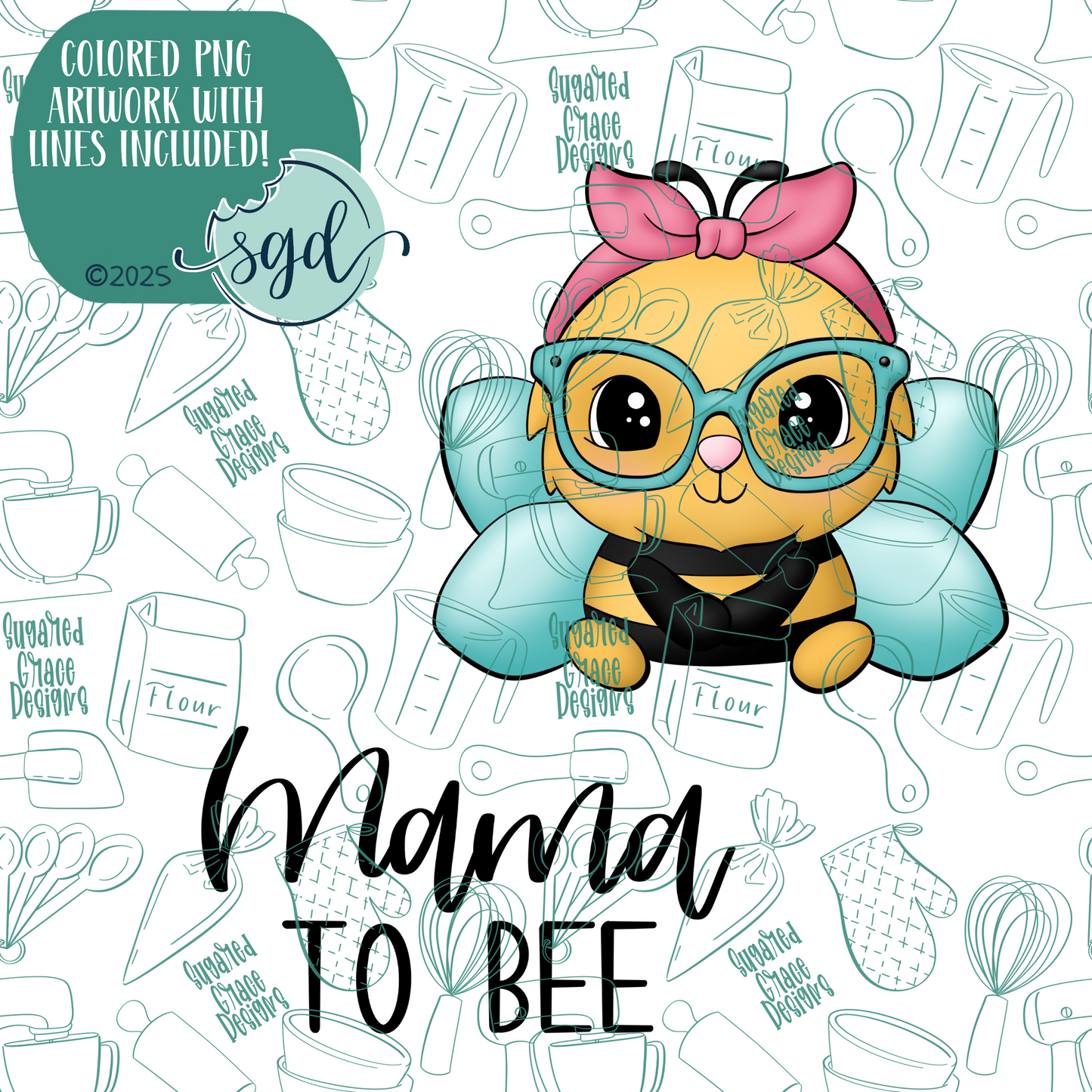 Mama to Bee Cookie Cutter Set of 2 with PNG Images to Match - Hand Drawn Graphics for Edible Ink Printers