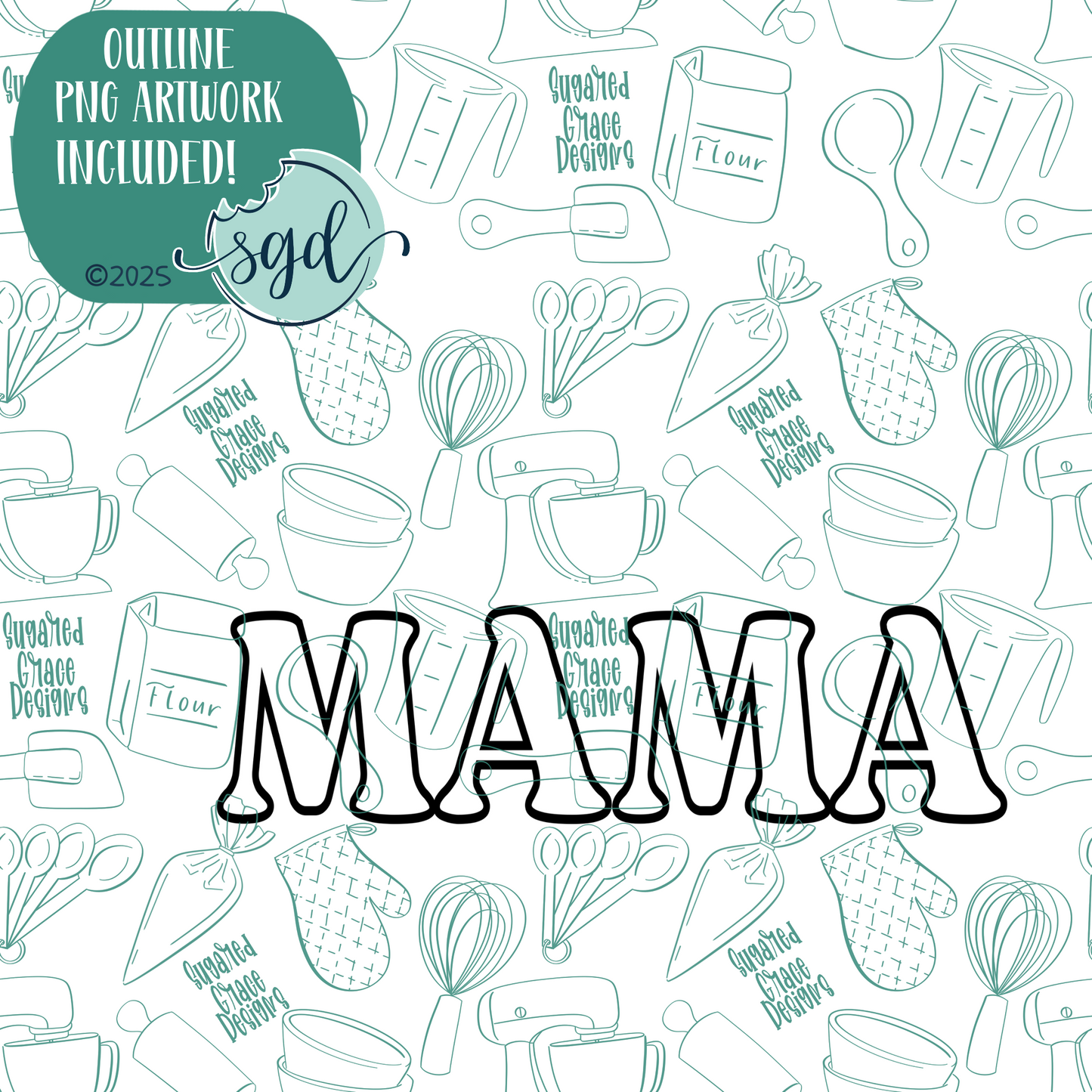 Mama Word Stick Cookie Cutter with PNG Images to Match - Hand Drawn Graphics for Edible Ink Printers