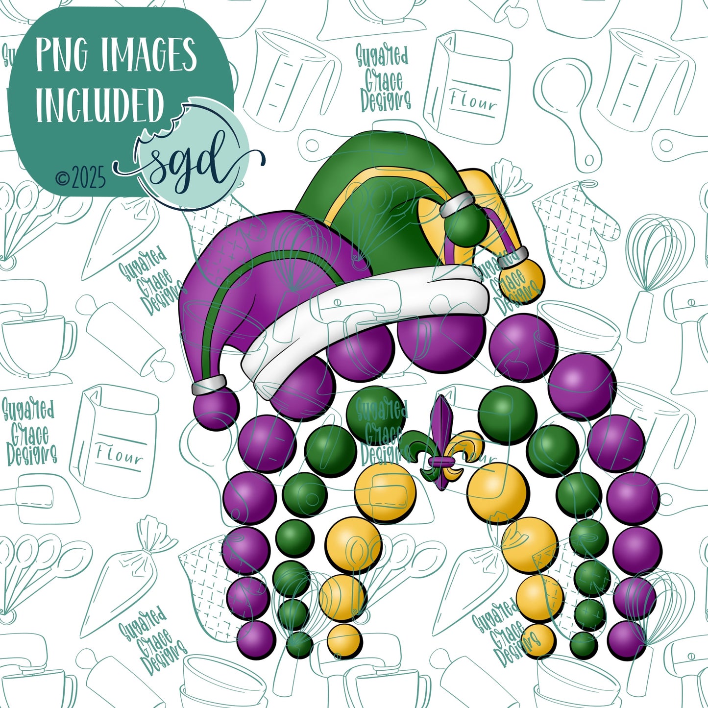 Mardi Gras Beaded Rainbow Cookie Cutter with PNG Images to Match - Hand Drawn Graphics for Edible Ink Printers
