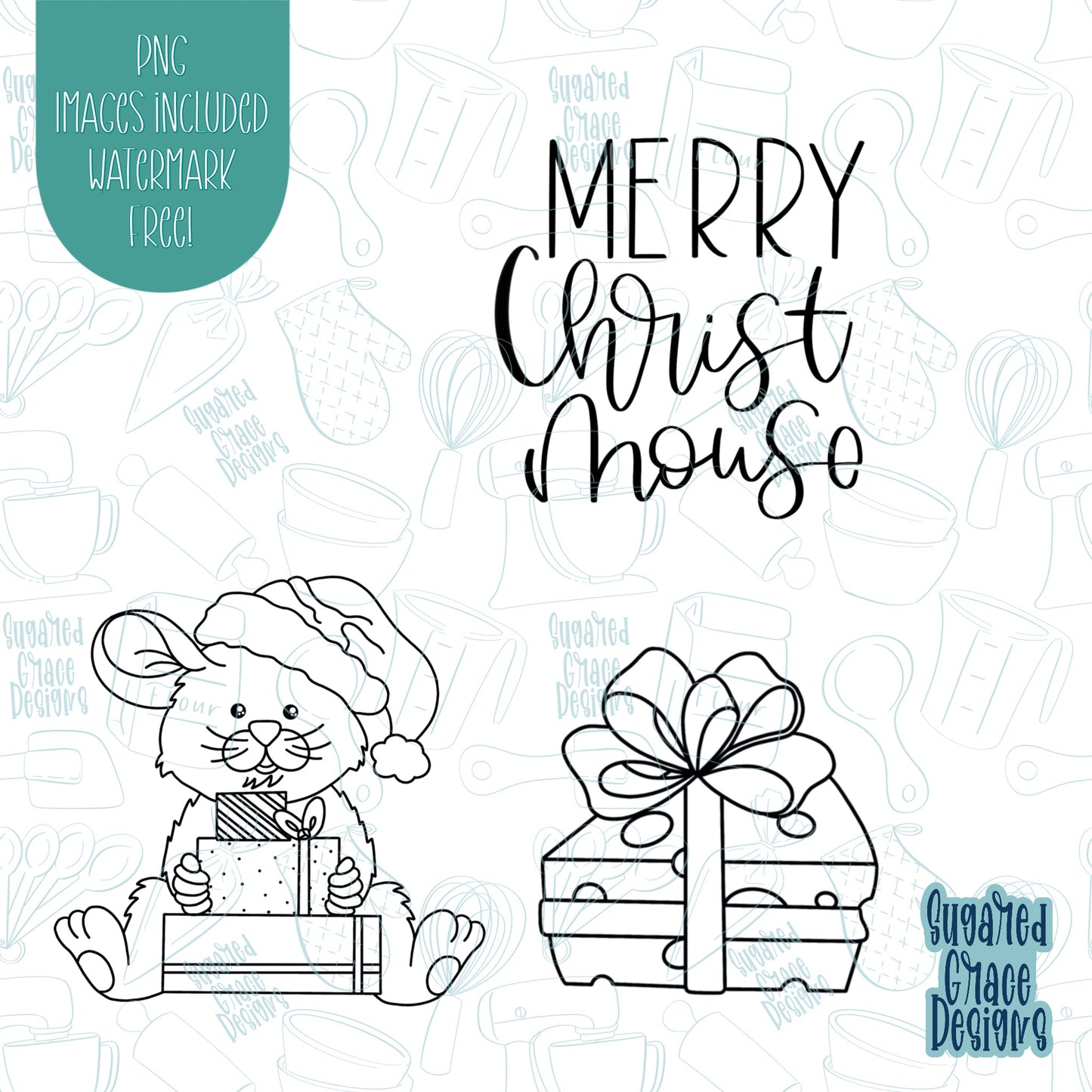Merry Christ-Mouse Christmas cookie cutter set of 3 with png images for edible ink printers including Eddie