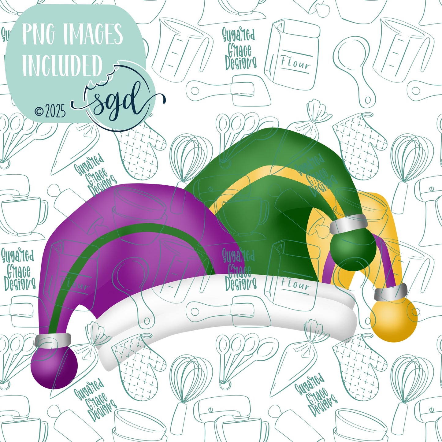 Mardi Gras Jester Hat Cookie Cutter STL File  with PNG Images to Match - For 3D Printing and Edible Ink Printers