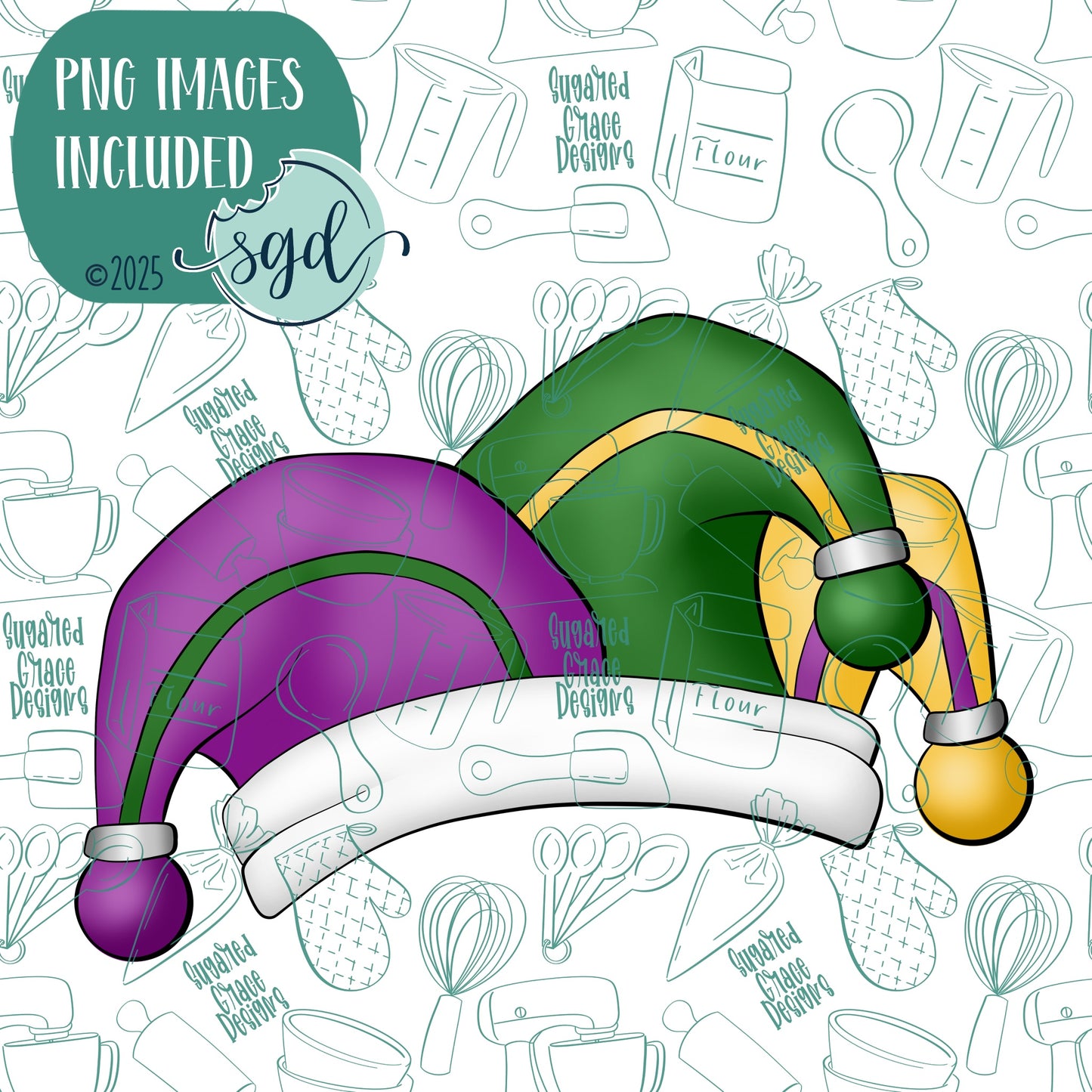 Mardi Gras Jester Hat Cookie Cutter with PNG Images to Match - Hand Drawn Graphics for Edible Ink Printers