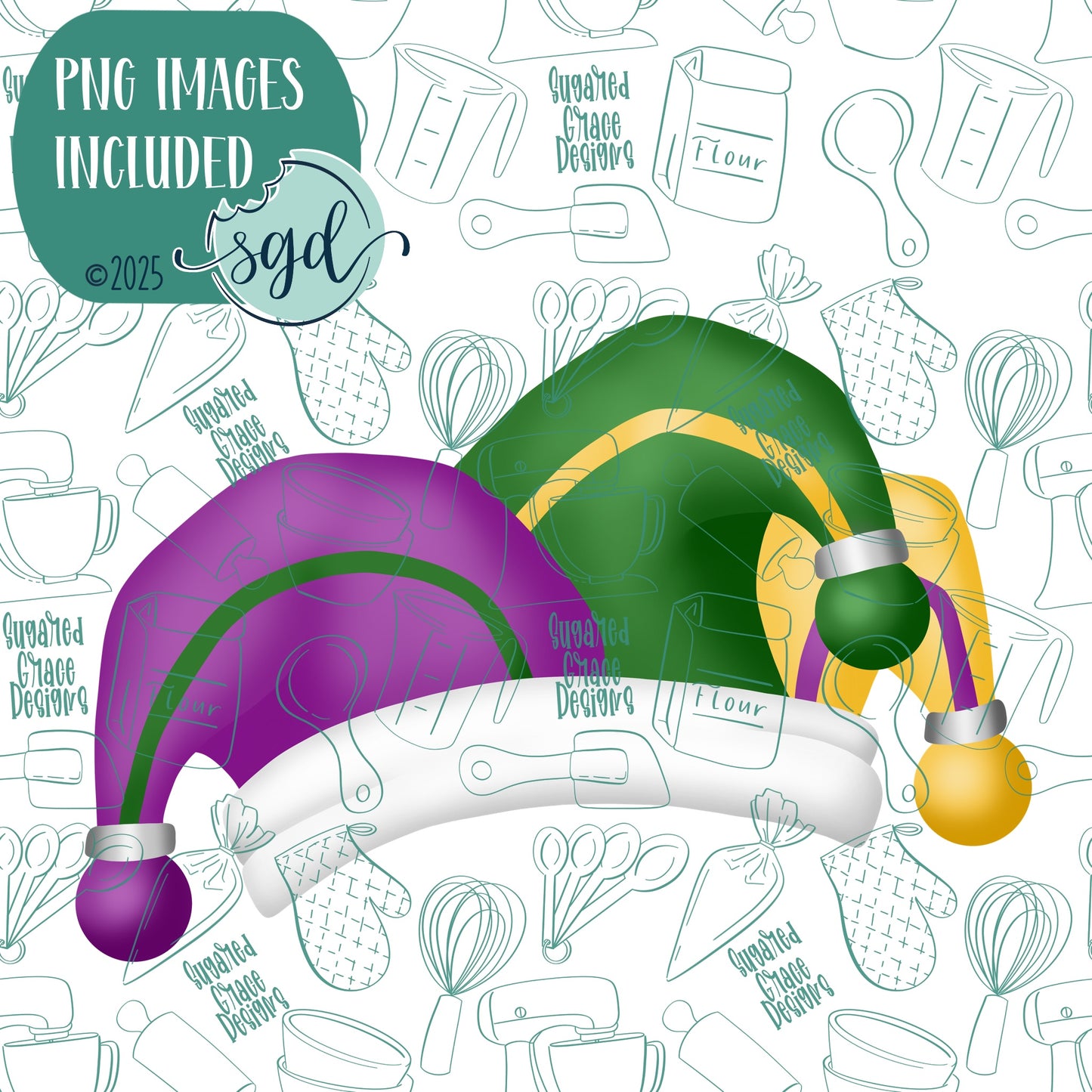 Mardi Gras Jester Hat Cookie Cutter with PNG Images to Match - Hand Drawn Graphics for Edible Ink Printers